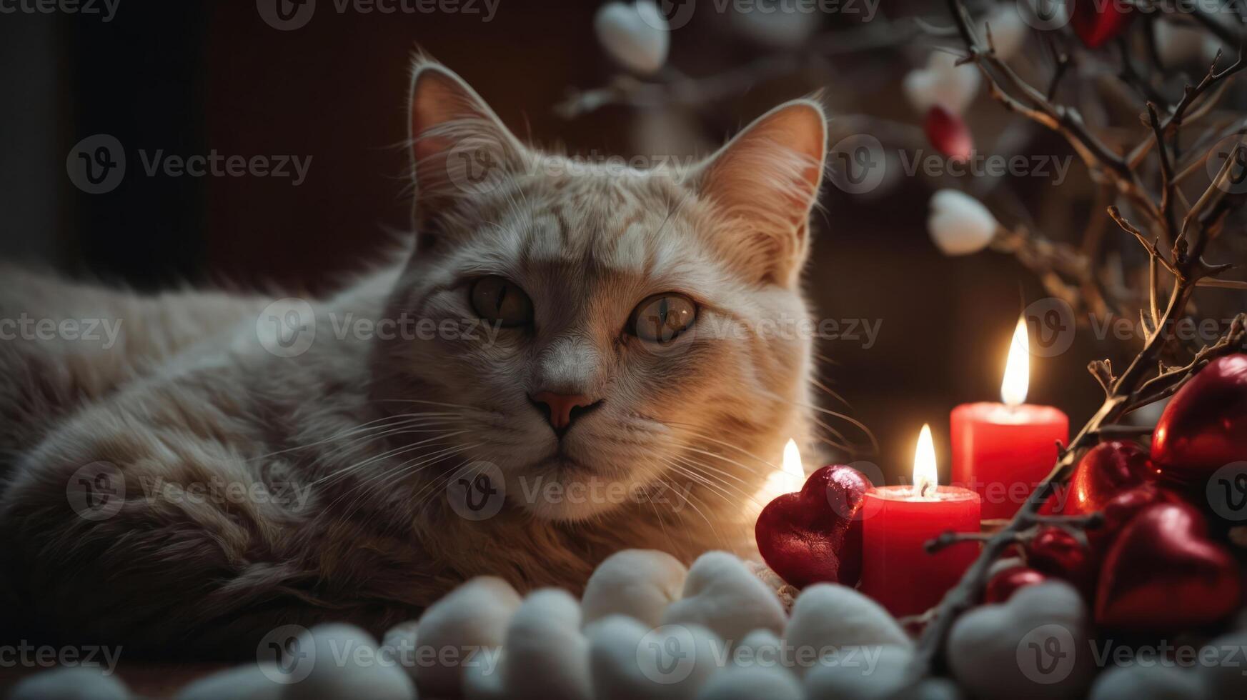 A serene cat surrounded by candles and decorative hearts, evoking a cozy atmosphere. photo
