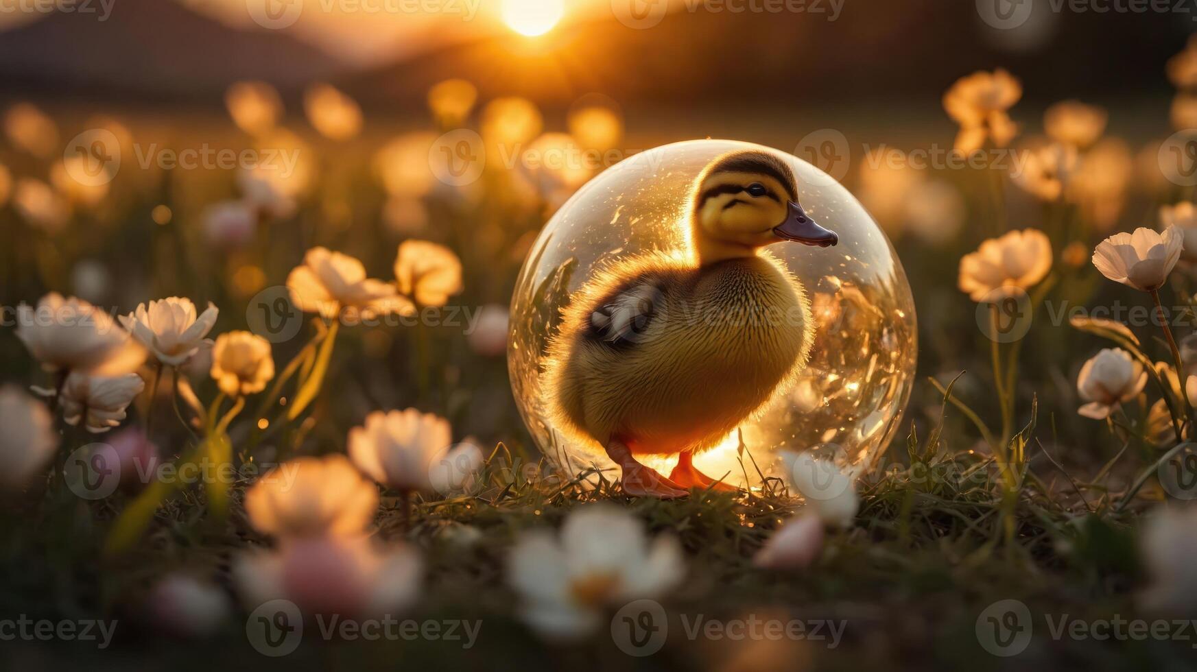 A duckling inside a glass sphere surrounded by flowers at sunset. photo