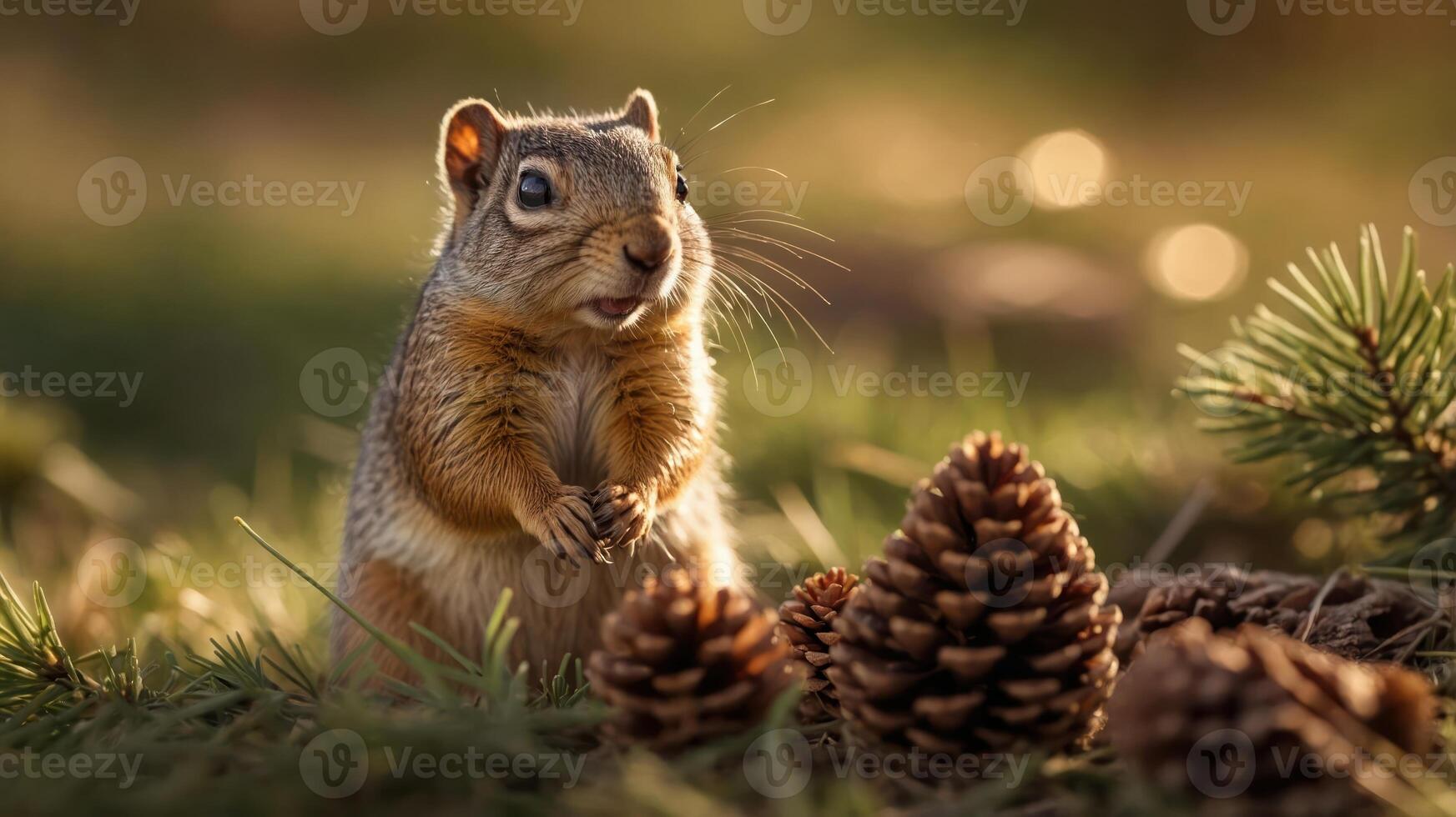 A squirrel stands among pine cones in a natural setting, illuminated by soft sunlight. photo