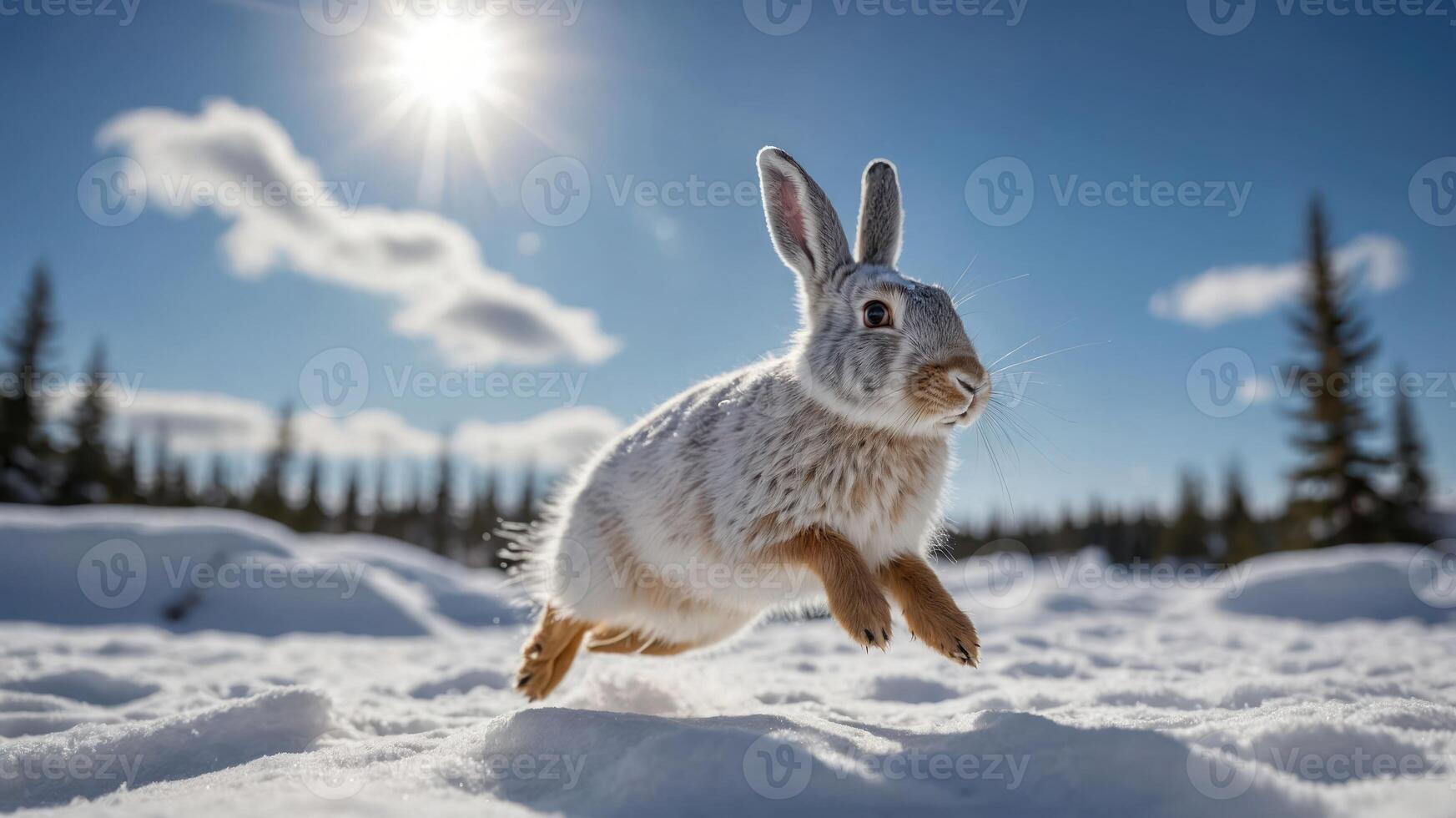 A rabbit leaps joyfully through a snowy landscape under a bright sun. photo