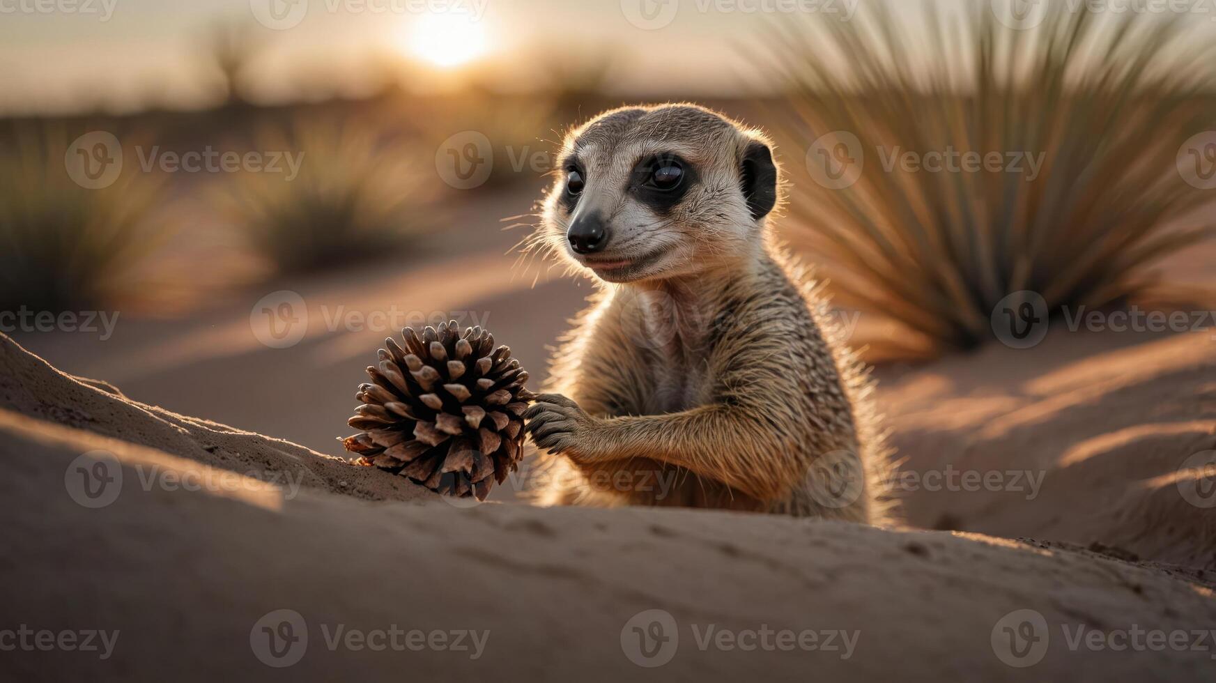 A meerkat holding a pine cone in a desert landscape during sunset. photo