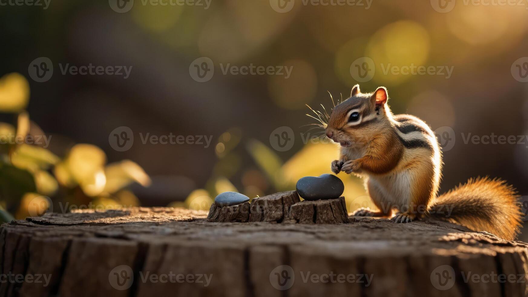 A chipmunk sits on a log, playfully interacting with small stones in a sunlit forest setting. photo