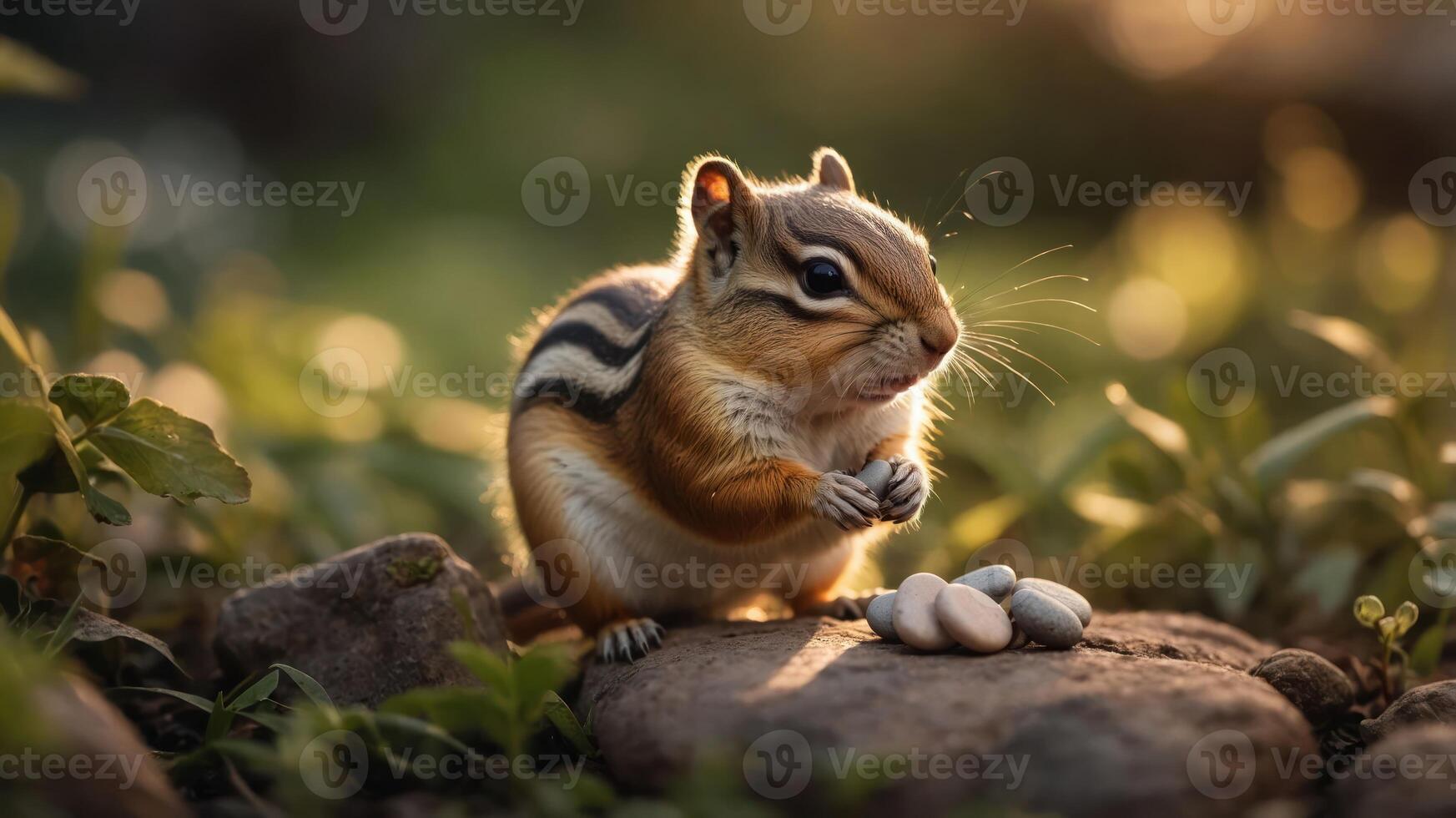 A chipmunk sitting on a rock, holding small stones in a natural, sunlit environment. photo