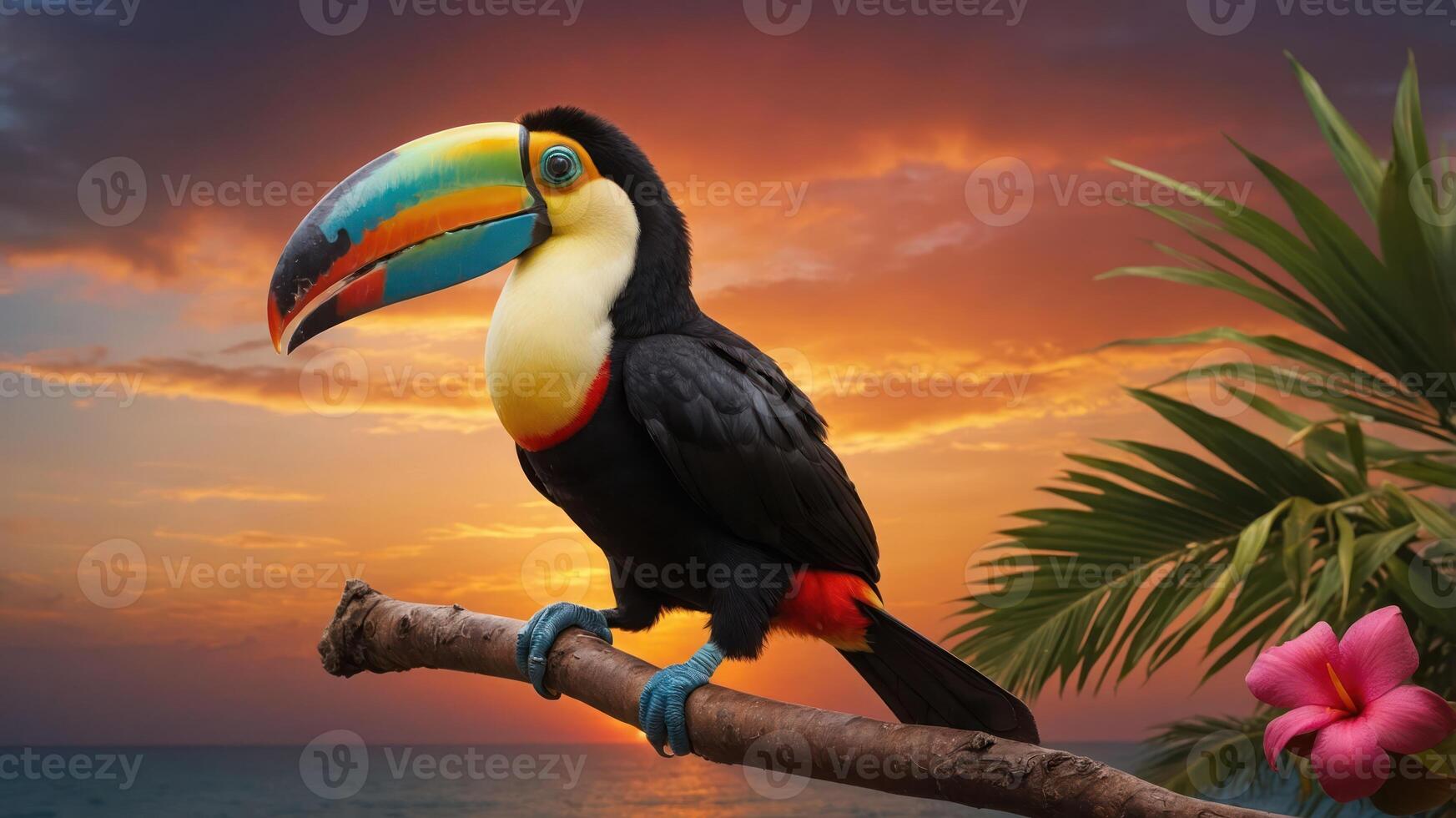 A colorful toucan perched on a branch against a vibrant sunset backdrop. photo