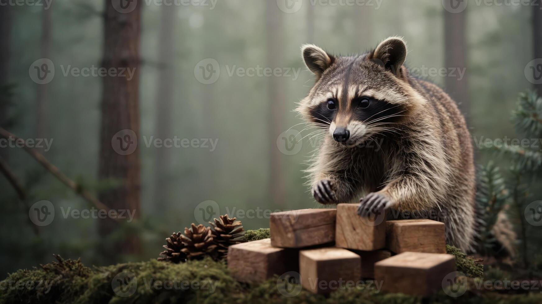 A raccoon interacts with wooden blocks in a misty forest setting. photo