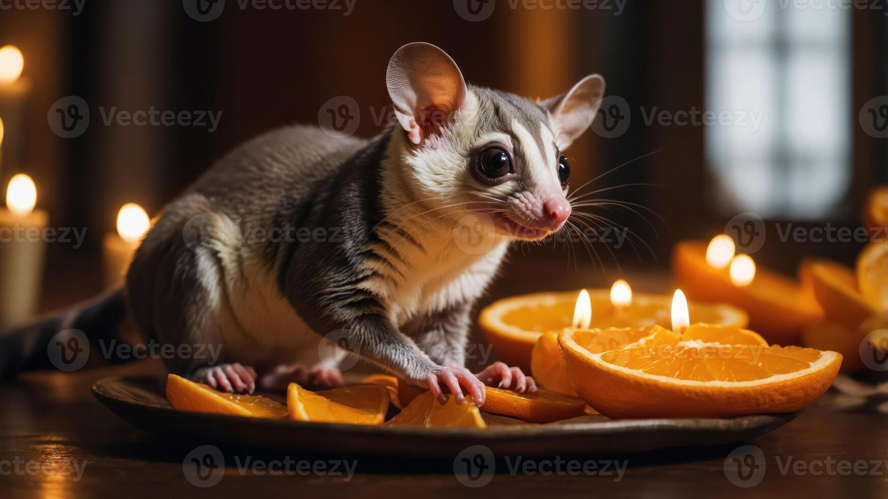 A sugar glider on a plate with orange slices and candles, creating a cozy atmosphere. photo