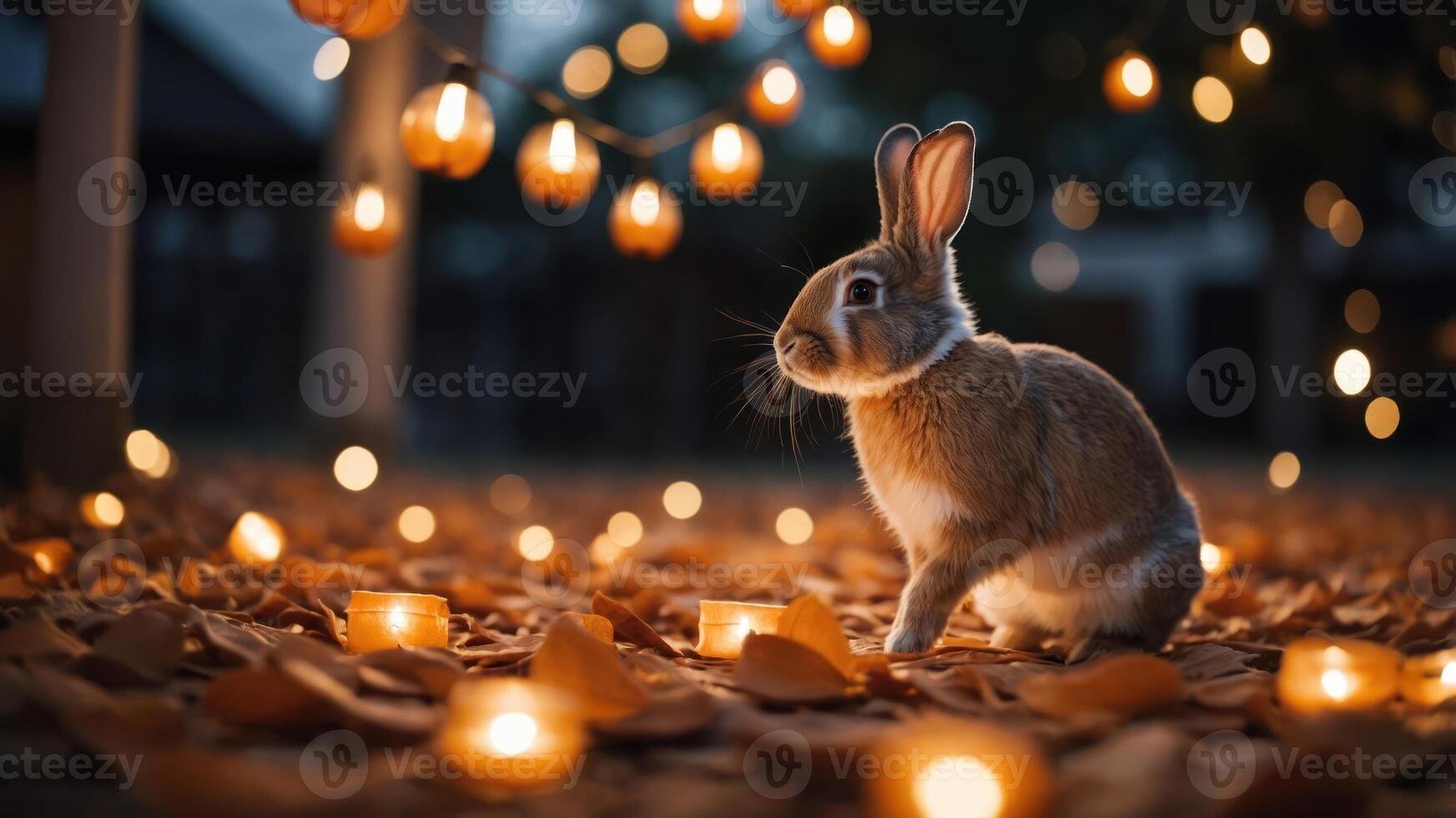 A serene rabbit surrounded by glowing lights and autumn leaves at dusk. photo