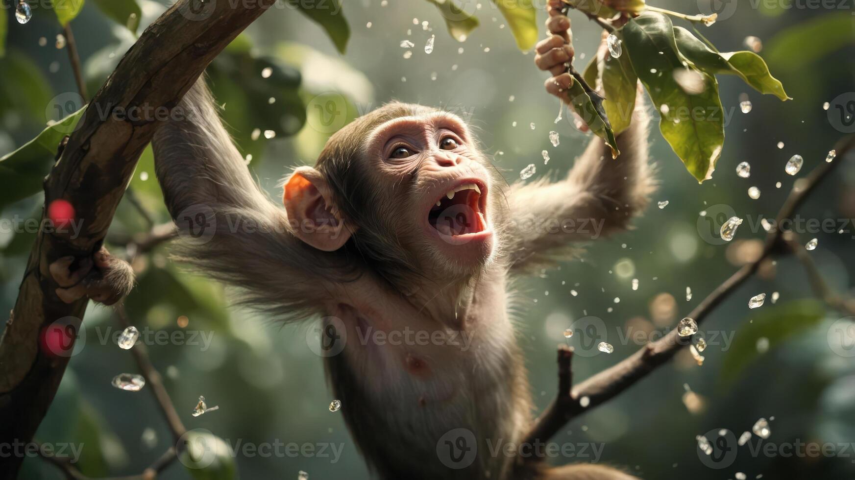 A playful monkey hanging from a branch, enjoying its surroundings in a vibrant, natural setting. photo