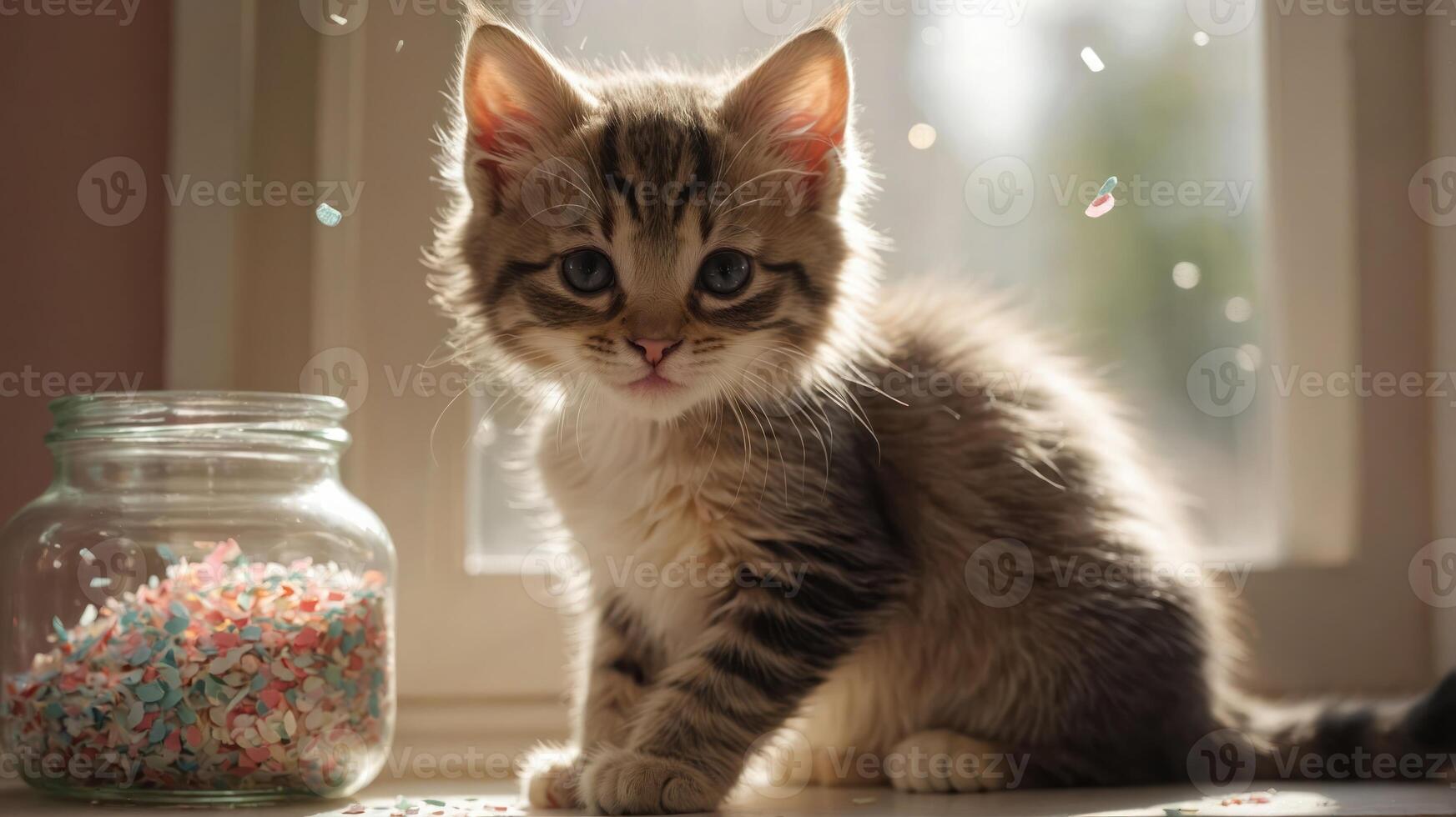 A fluffy kitten sitting beside a jar of colorful sprinkles in soft natural light. photo