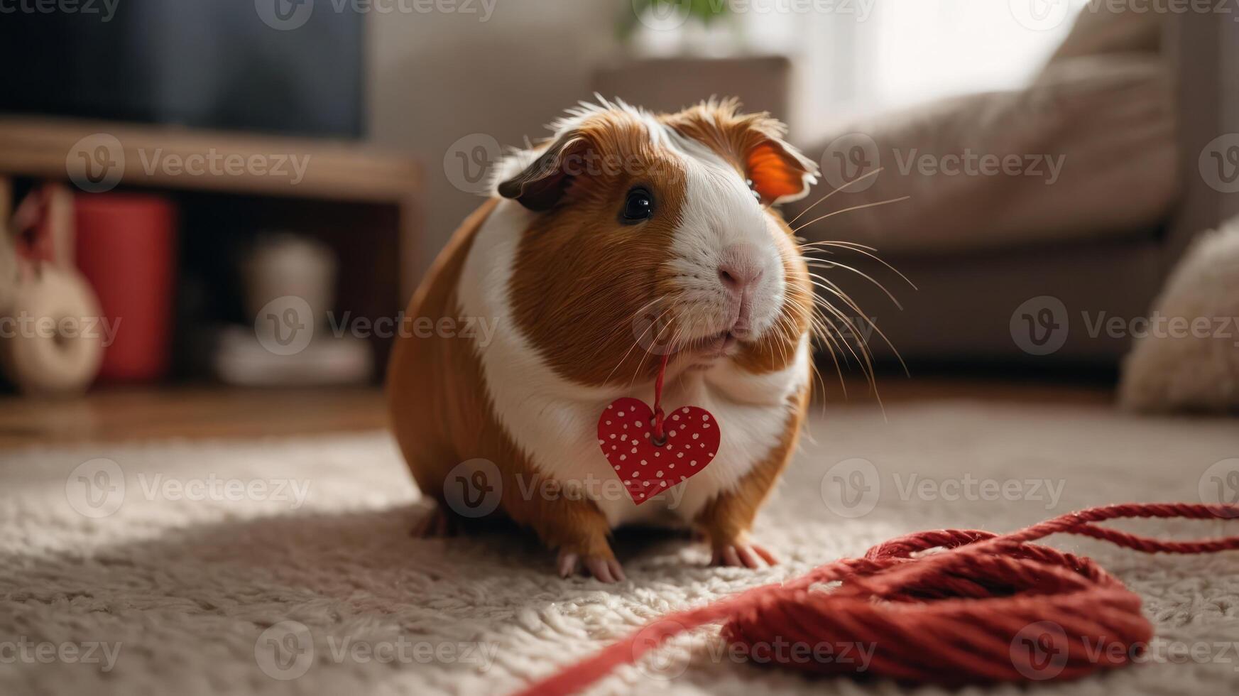A cute guinea pig with a heart-shaped decoration sits on a rug with a yarn heart nearby. photo