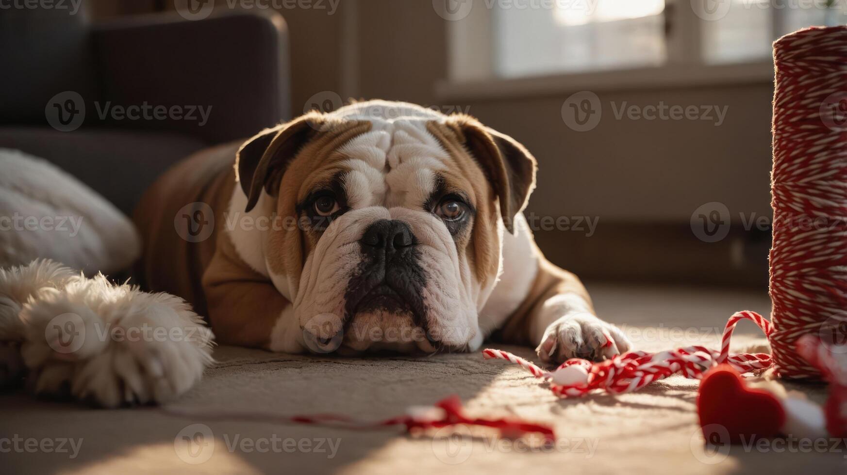 A relaxed bulldog lying on a carpet with playful decorations around. photo