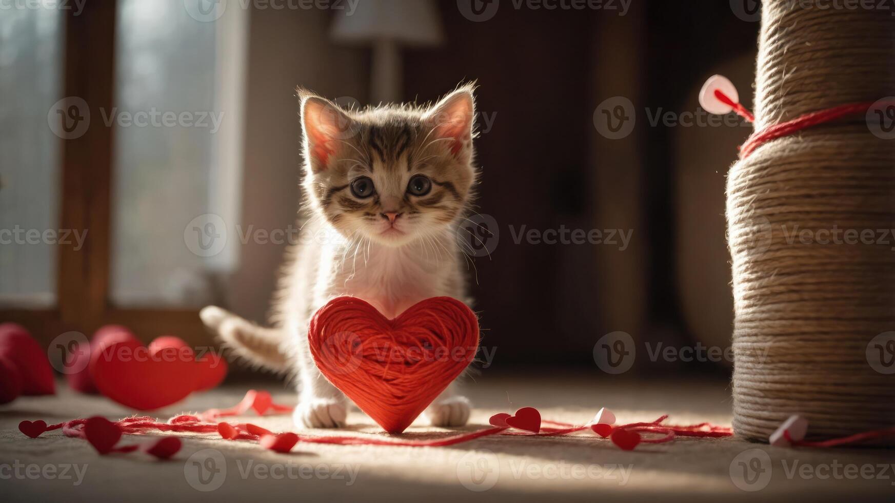 A cute kitten holds a red heart, surrounded by heart-shaped decorations, evoking love. photo