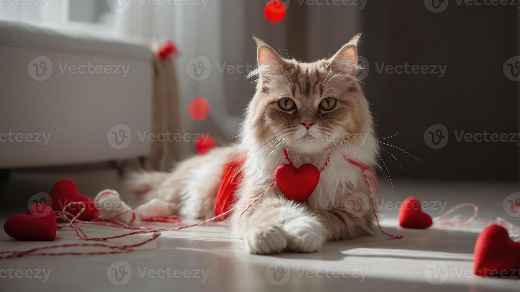 A fluffy cat adorned with a heart decoration, surrounded by red hearts, creating a romantic vibe. photo