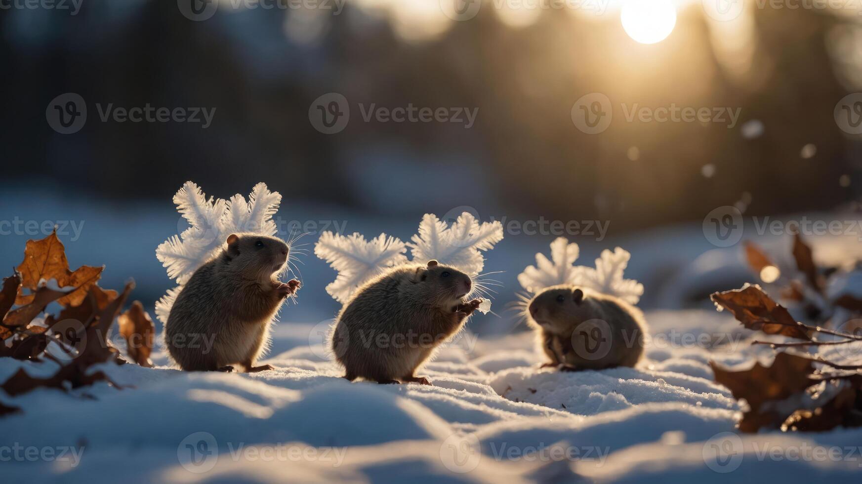Three small animals in a snowy landscape with frosty decorations on their heads. photo