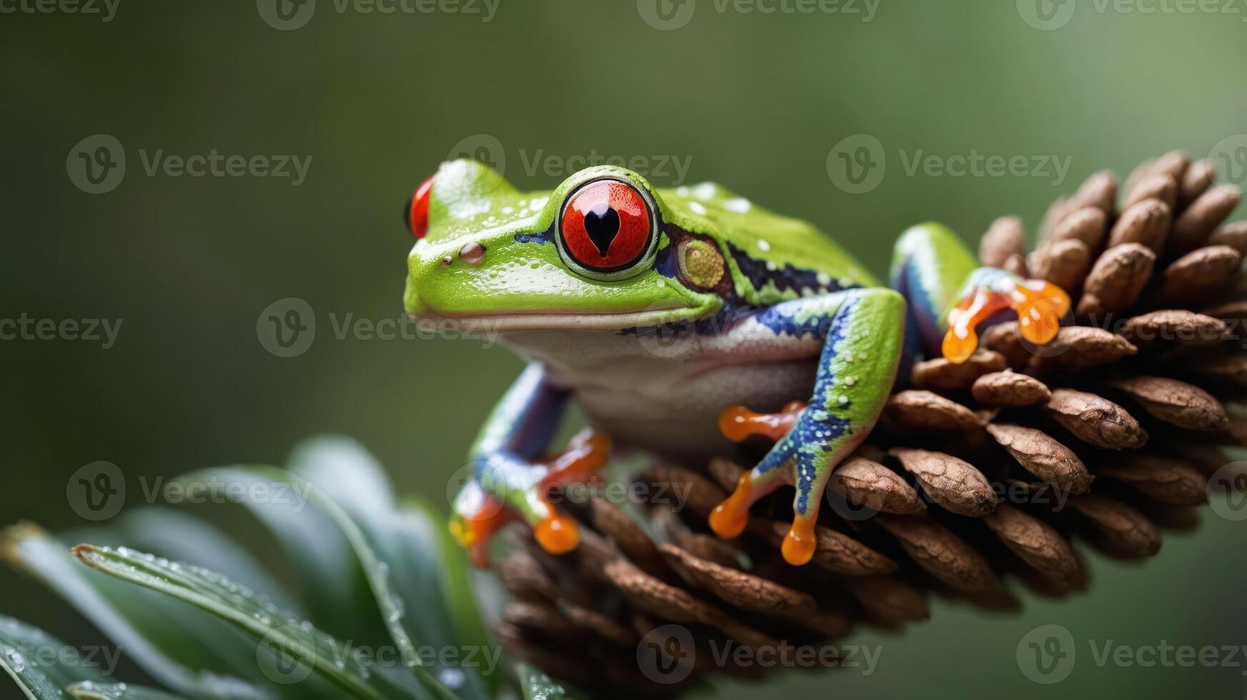 A vibrant red-eyed tree frog perched on a pine cone in a lush environment. photo