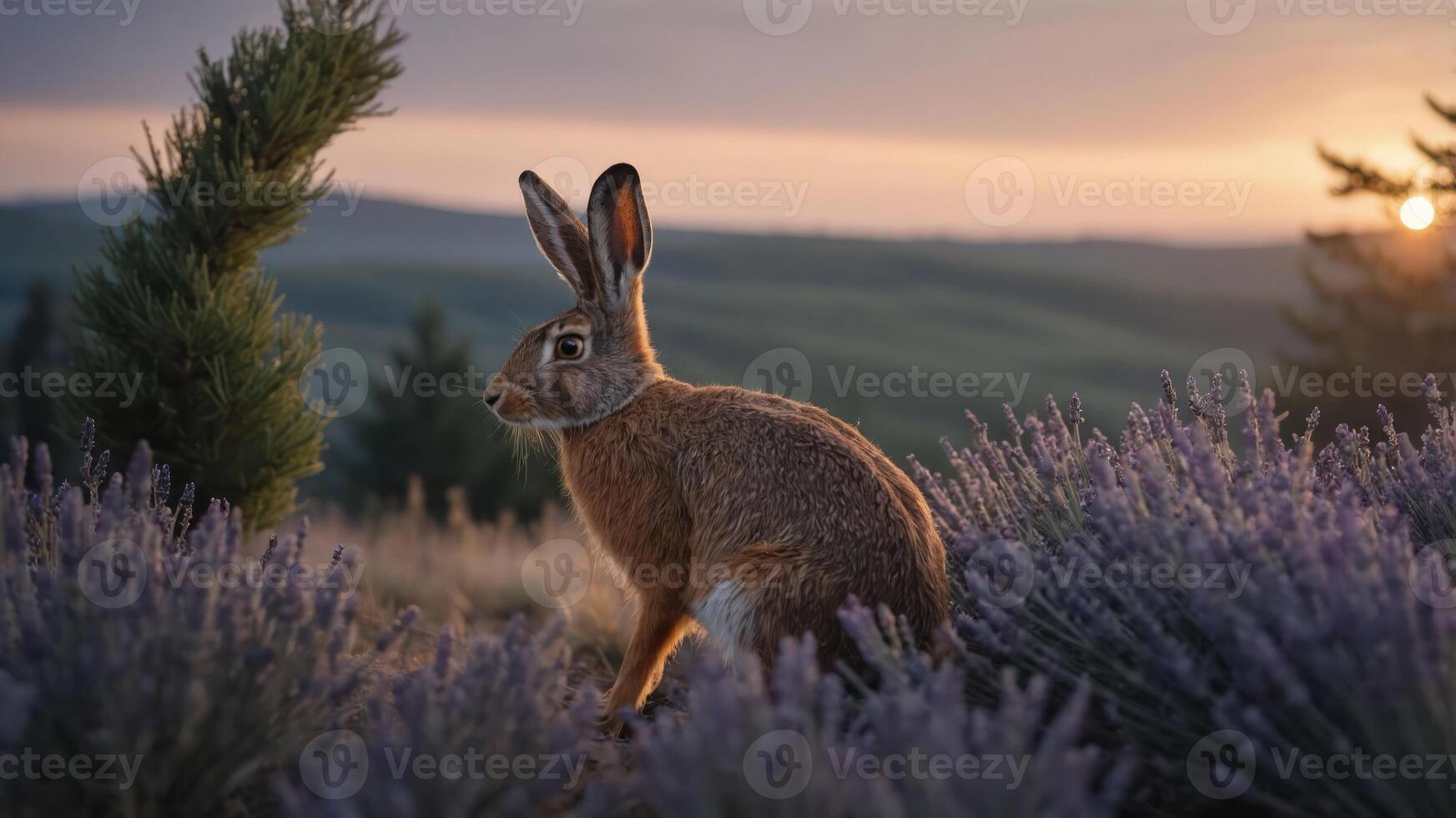 A serene scene of a rabbit amidst lavender at sunset in a lush landscape. photo