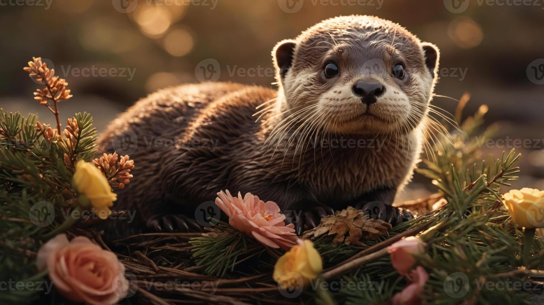 A cute otter surrounded by flowers in a warm, natural setting. photo