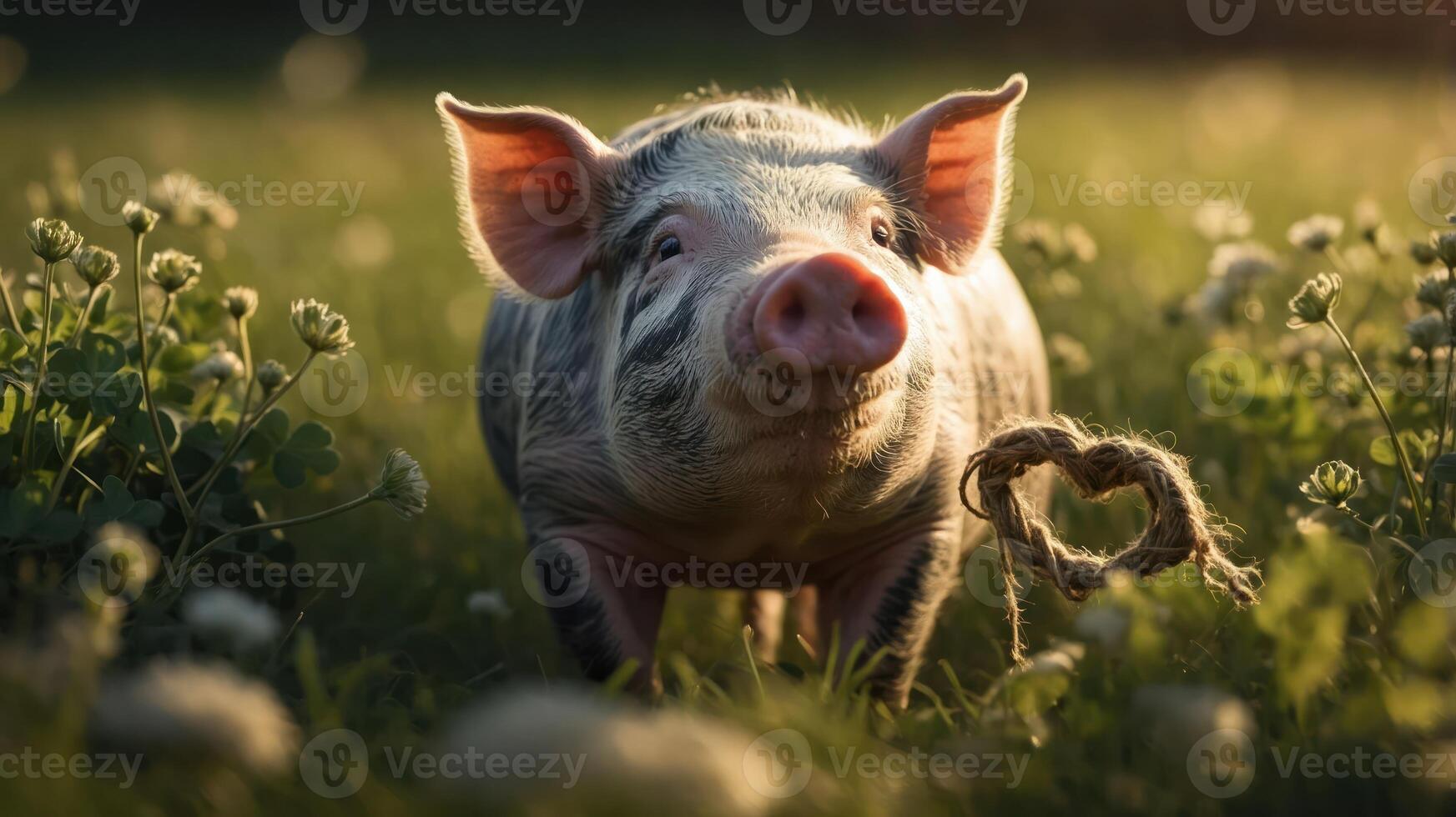 A playful pig stands in a grassy field with a heart-shaped rope nearby. photo
