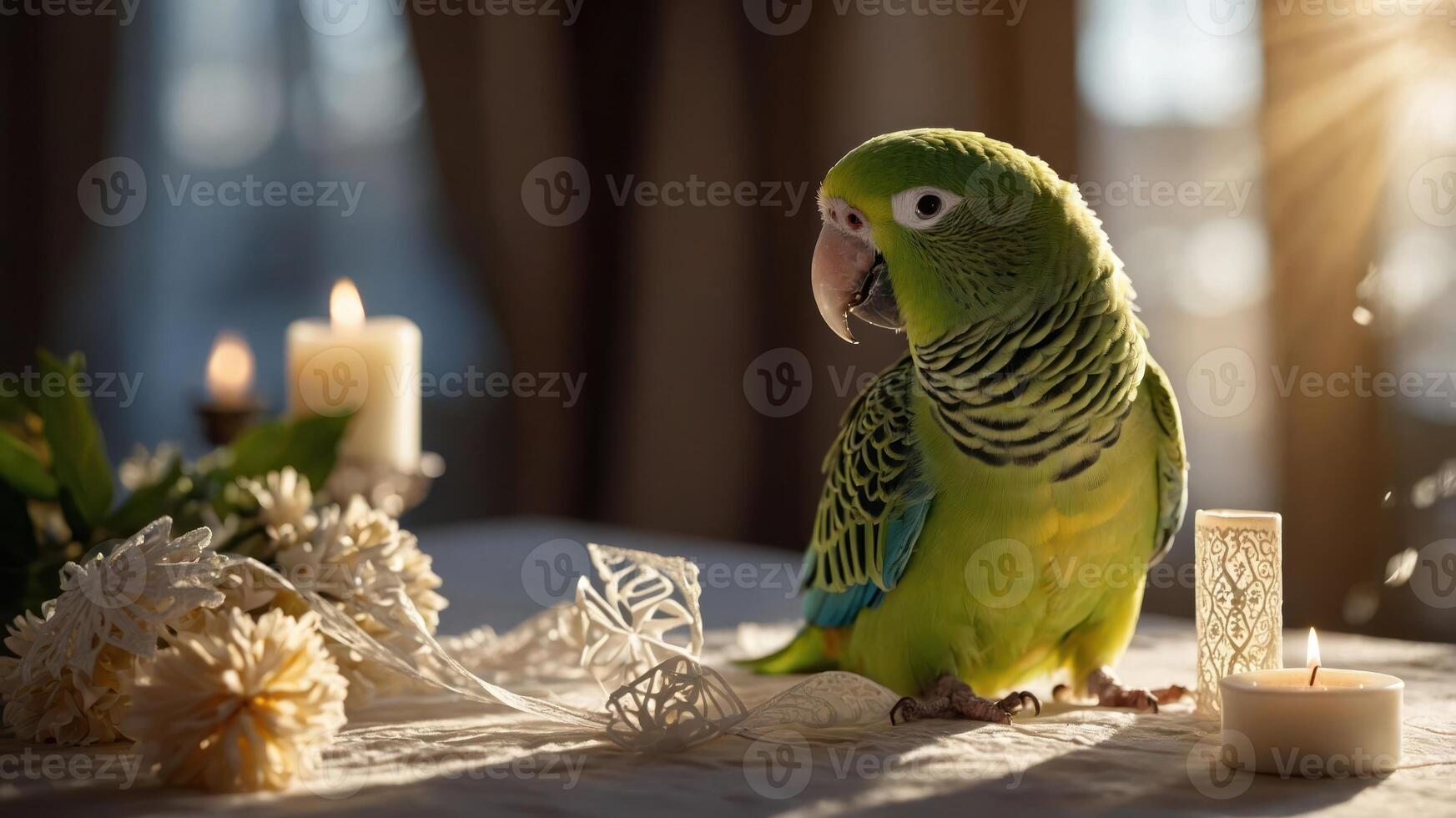A vibrant green parrot perched on a table surrounded by candles and decorative flowers. photo