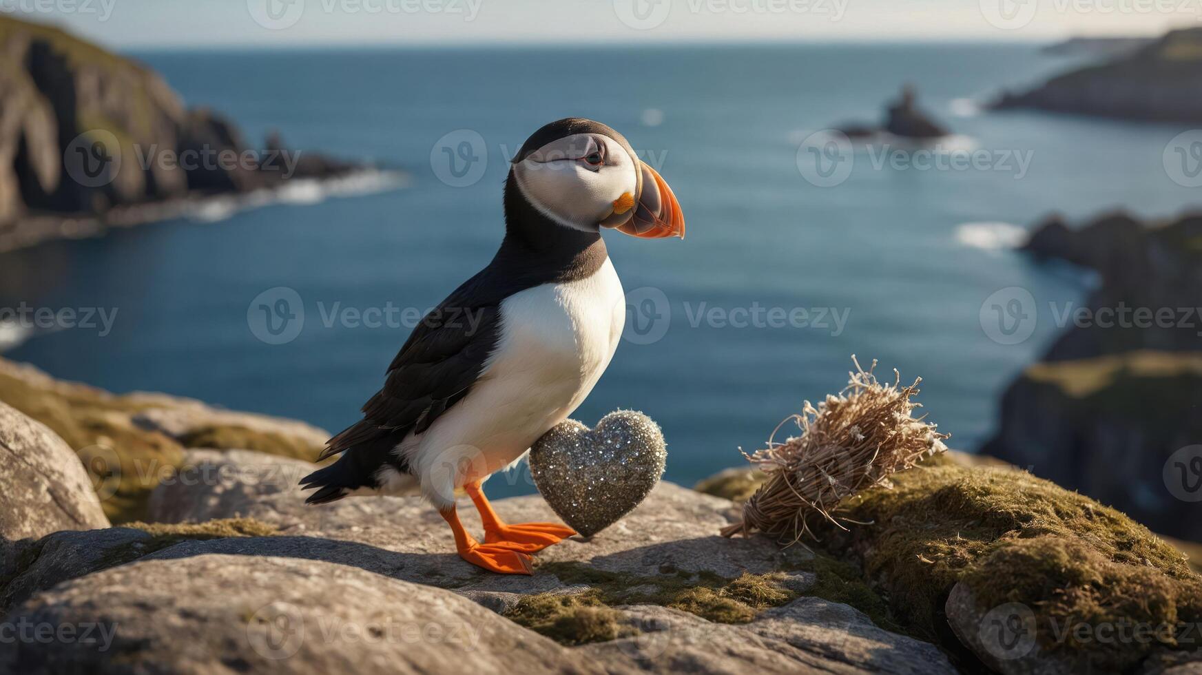 A puffin stands on a rocky ledge by the sea, holding a glittery heart near its nest. photo