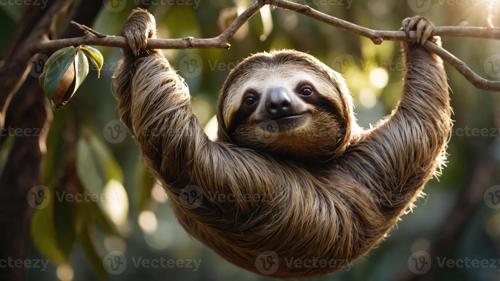 A cheerful sloth hanging from a branch in a lush, green environment. photo