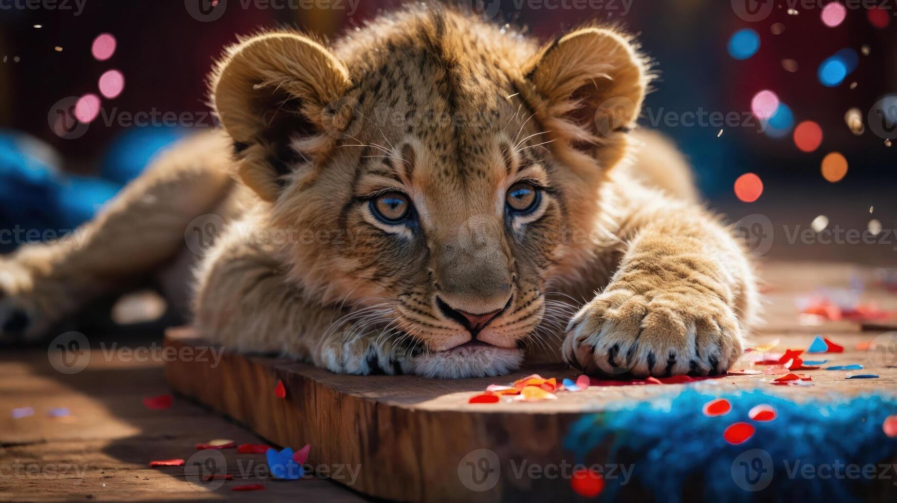 A playful lion cub resting on a wooden surface surrounded by colorful confetti. photo