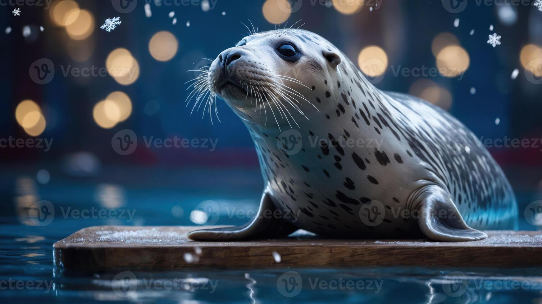 A seal on a wooden platform, surrounded by a serene atmosphere with falling snowflakes. photo