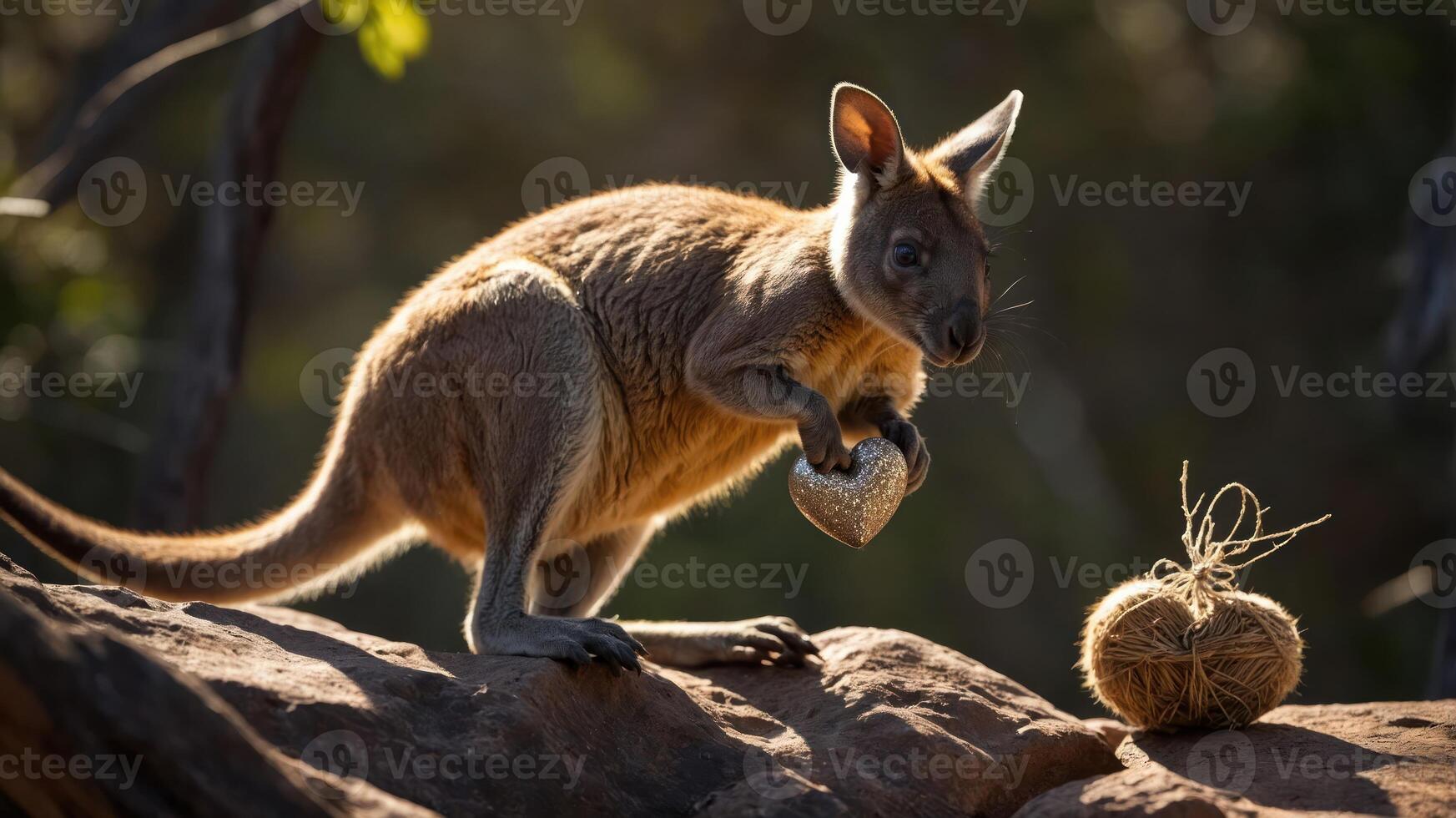 A kangaroo holds a heart-shaped object near a natural setting. photo