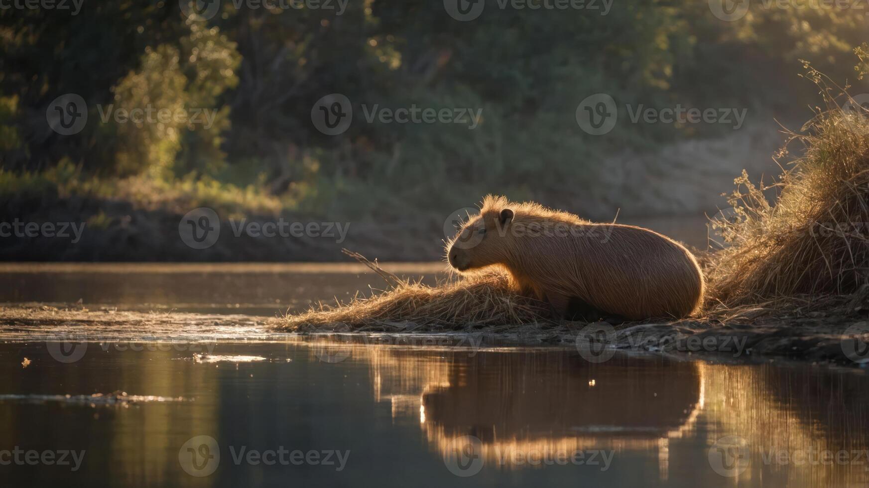 A capybara rests by the water's edge during sunset, reflecting nature's tranquility. photo
