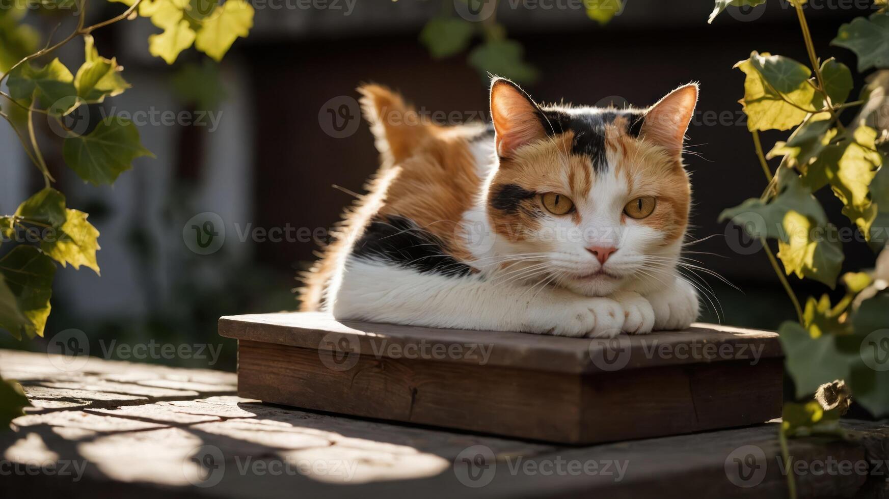 A calico cat lounging on a wooden surface surrounded by greenery in soft sunlight. photo