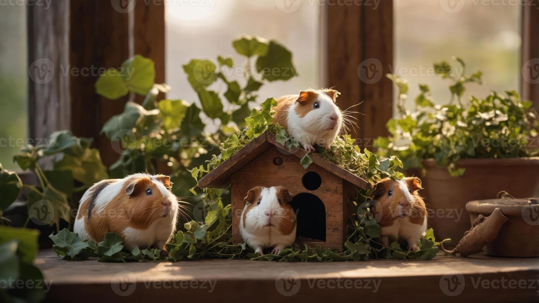 Four guinea pigs near a wooden house surrounded by greenery in a cozy indoor setting. photo