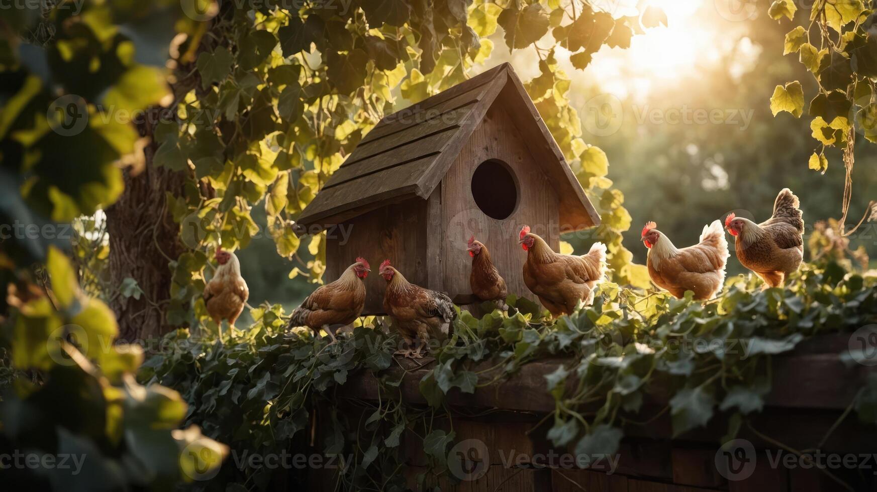 A serene scene of chickens near a birdhouse, surrounded by lush greenery at sunset. photo