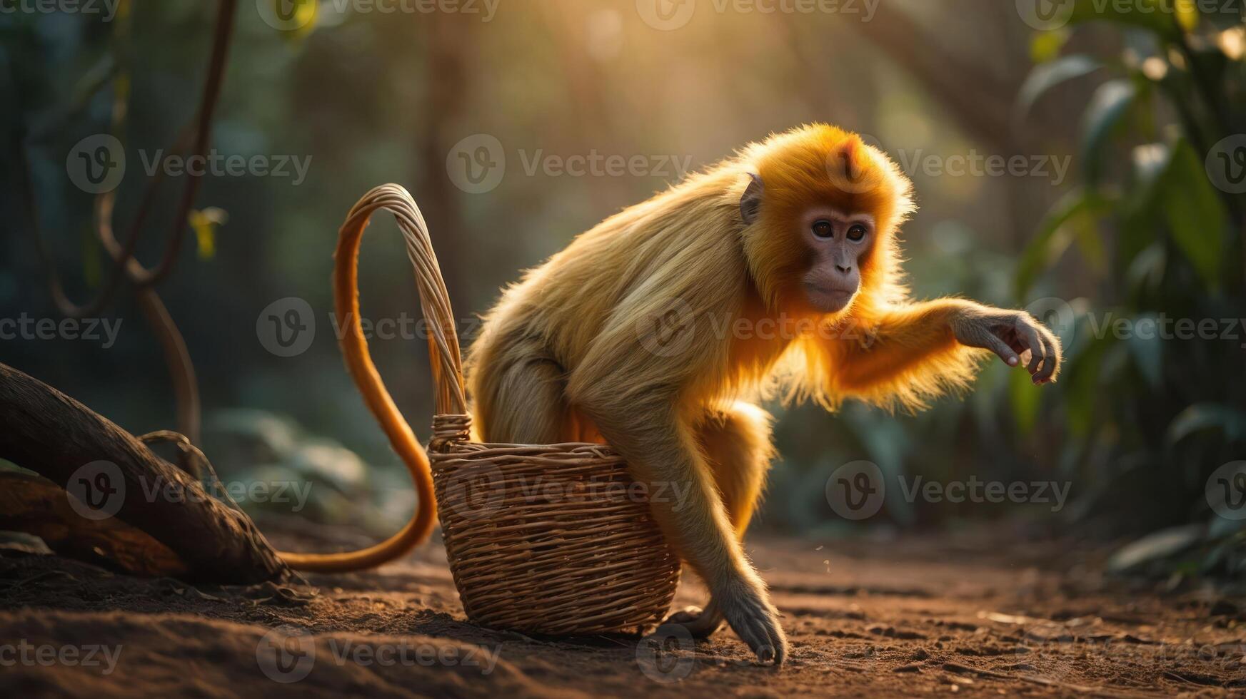 A golden monkey sitting in a wicker basket in a serene forest setting. photo