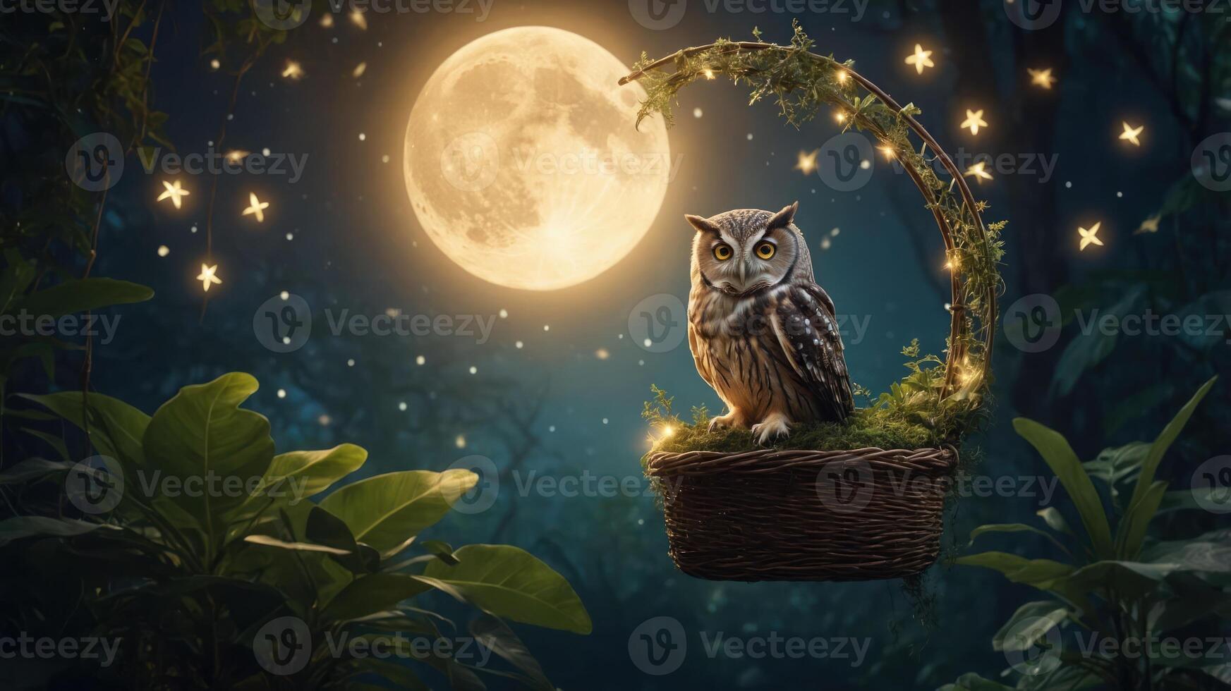 An owl perched in a glowing basket under a full moon surrounded by stars in a lush jungle. photo