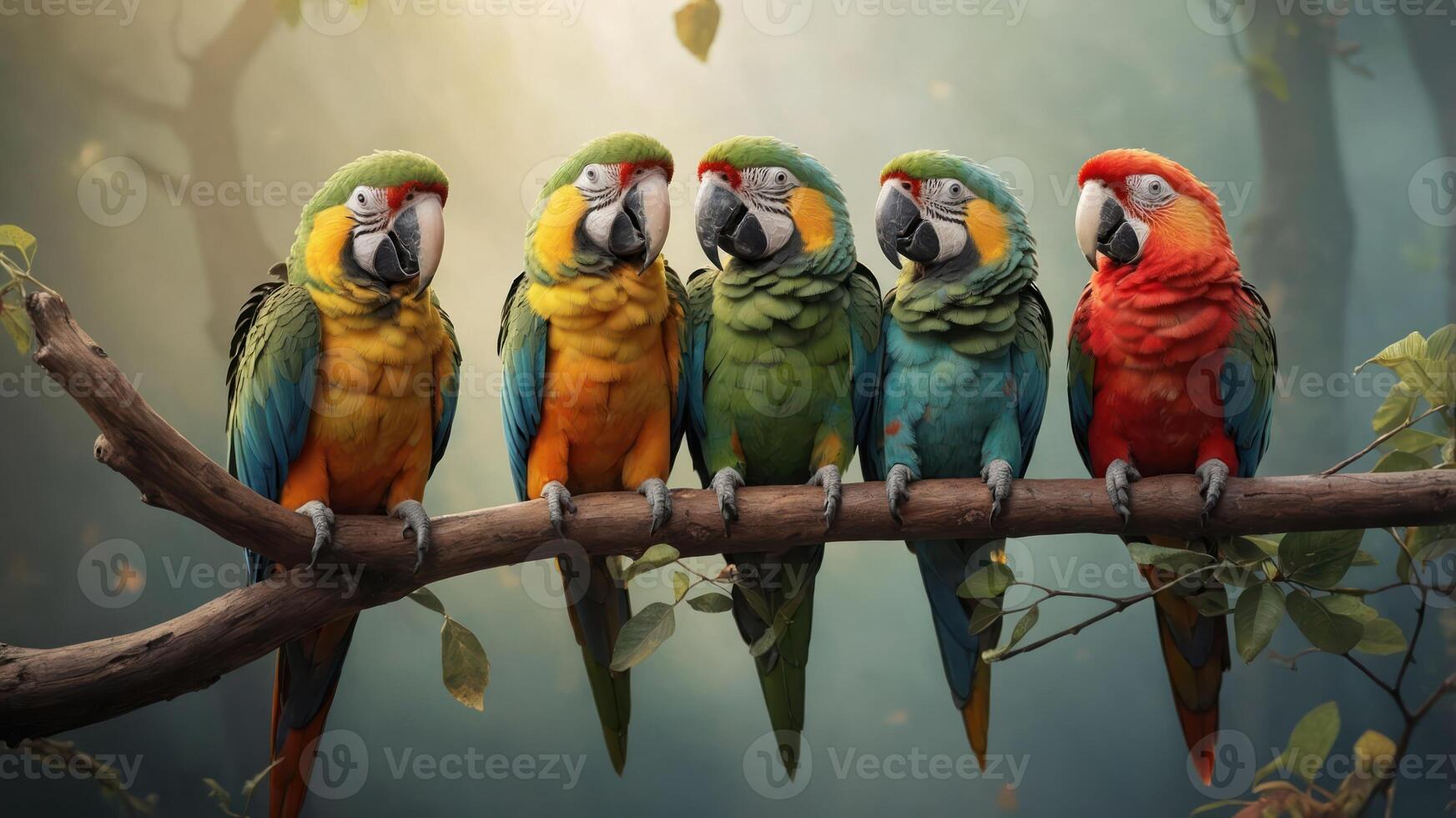 Five colorful parrots perched on a branch in a serene, natural setting. photo