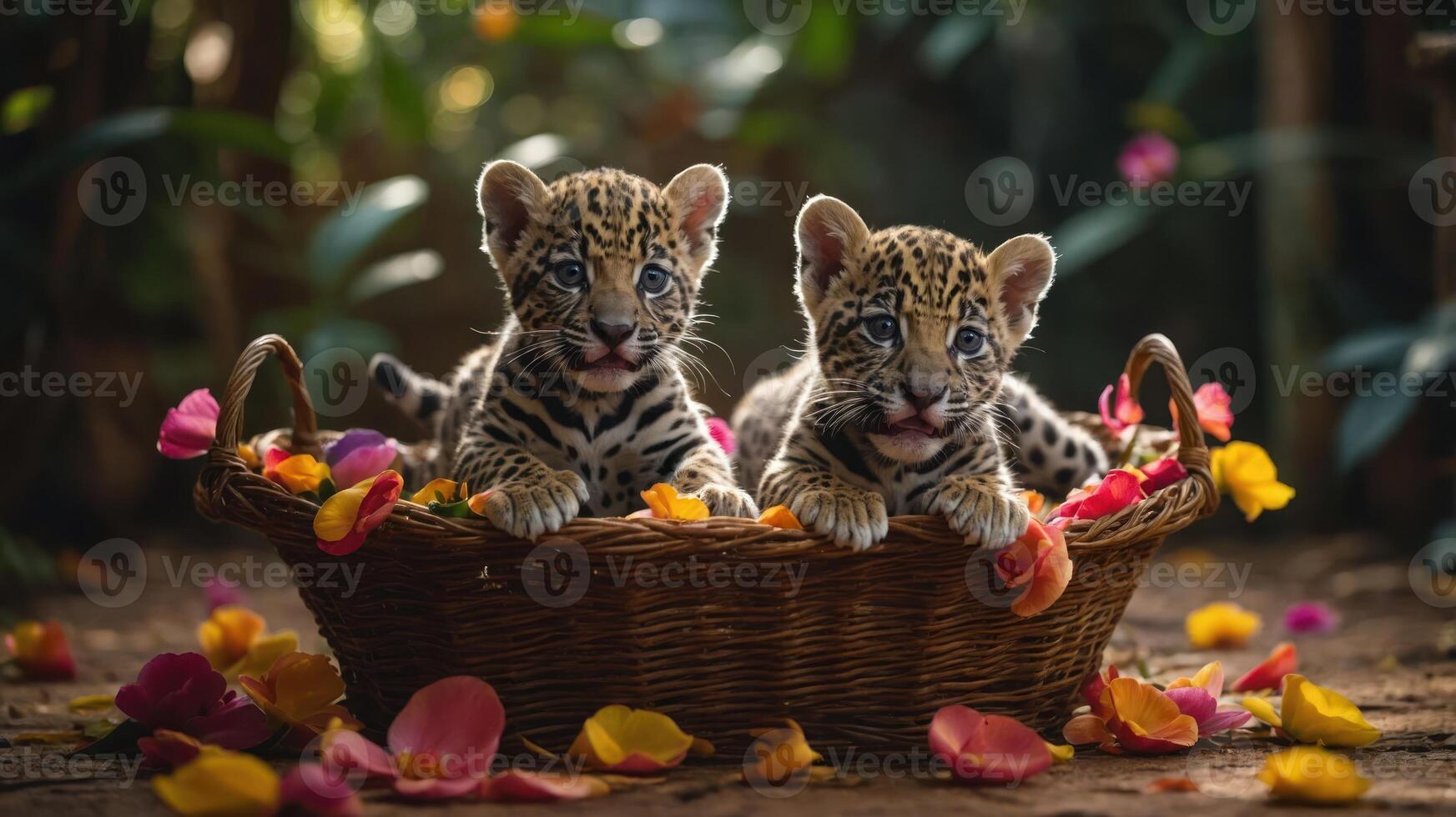 Two playful jaguar cubs nestled in a basket surrounded by colorful flower petals. photo