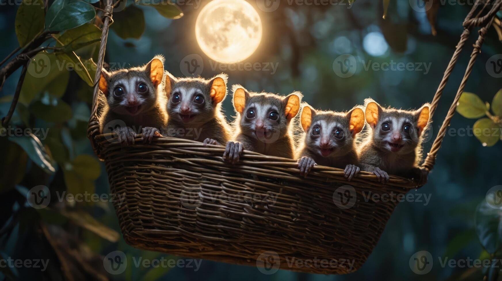 Five adorable possums in a woven basket under a glowing moonlight. photo