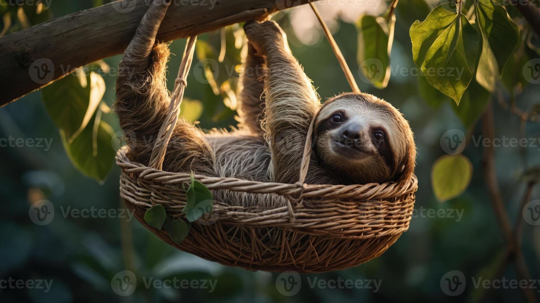 A sloth relaxing in a woven basket, surrounded by lush greenery and soft sunlight. photo