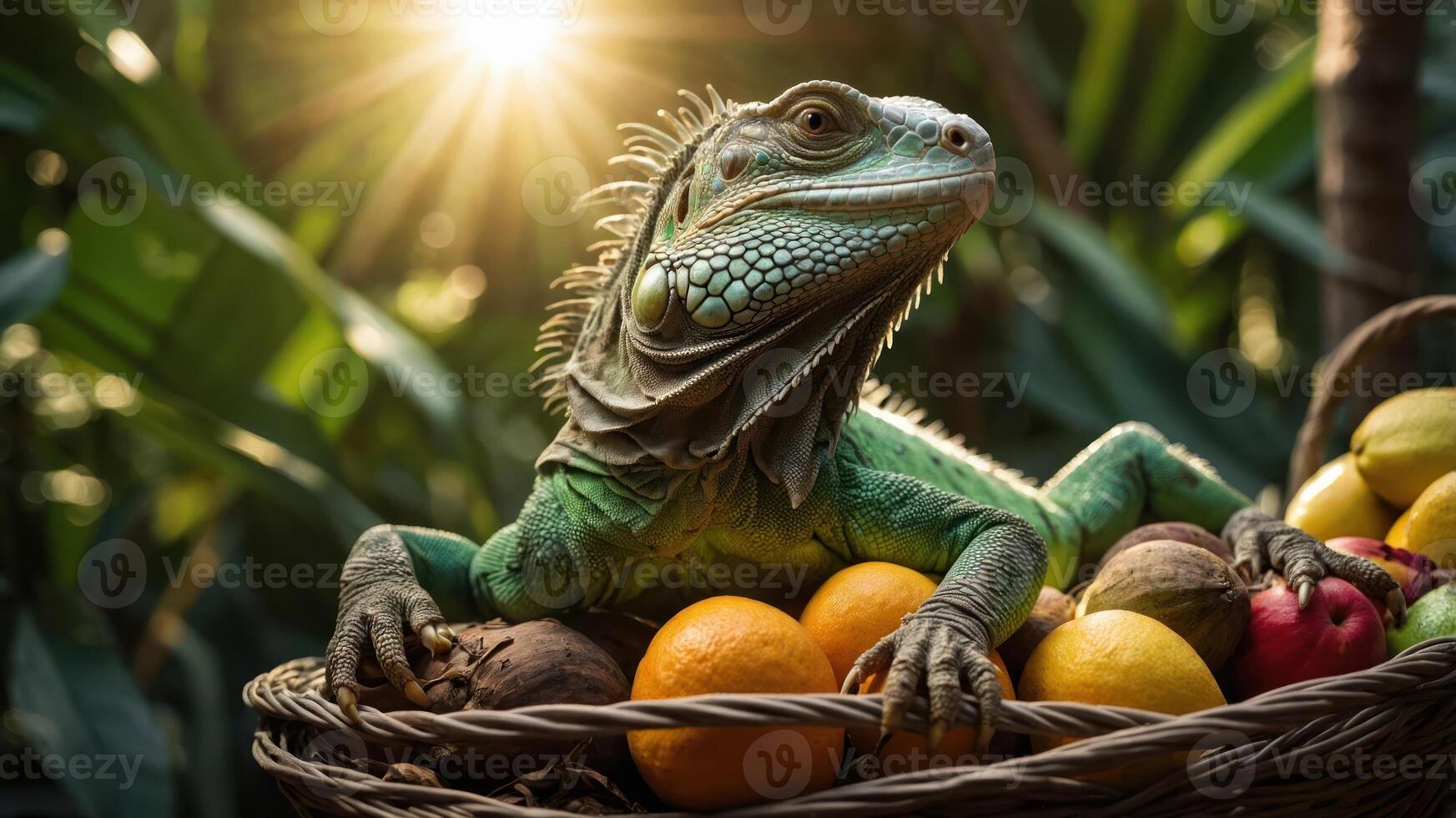A vibrant green lizard resting on a basket of assorted fruits in a lush environment. photo