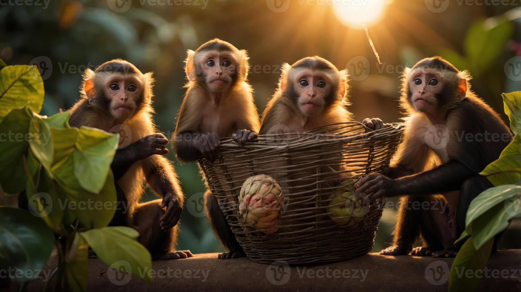 Four monkeys gathered around a basket of fruits in a natural setting with warm sunlight. photo
