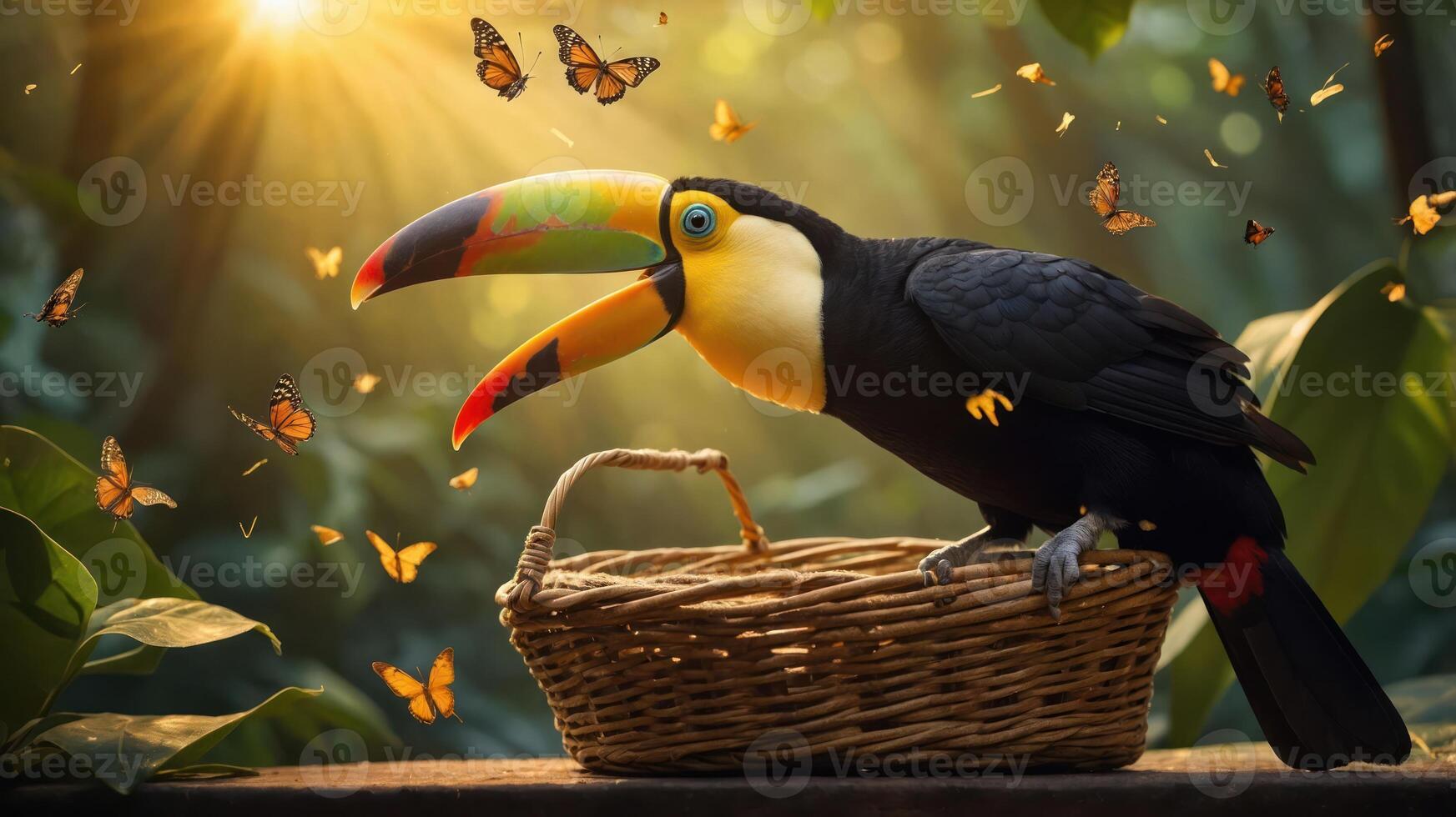 A toucan perched beside a basket, surrounded by butterflies in a sunlit tropical setting. photo