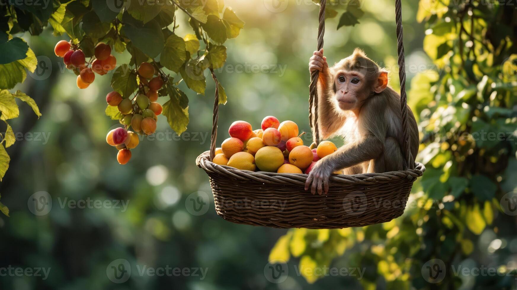 A monkey sits in a basket filled with fruits, surrounded by lush greenery. photo