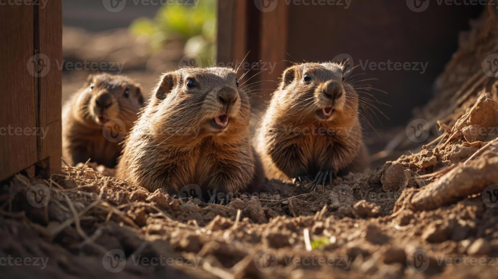 Three adorable animals with expressive faces emerging from a burrow in a natural setting. photo