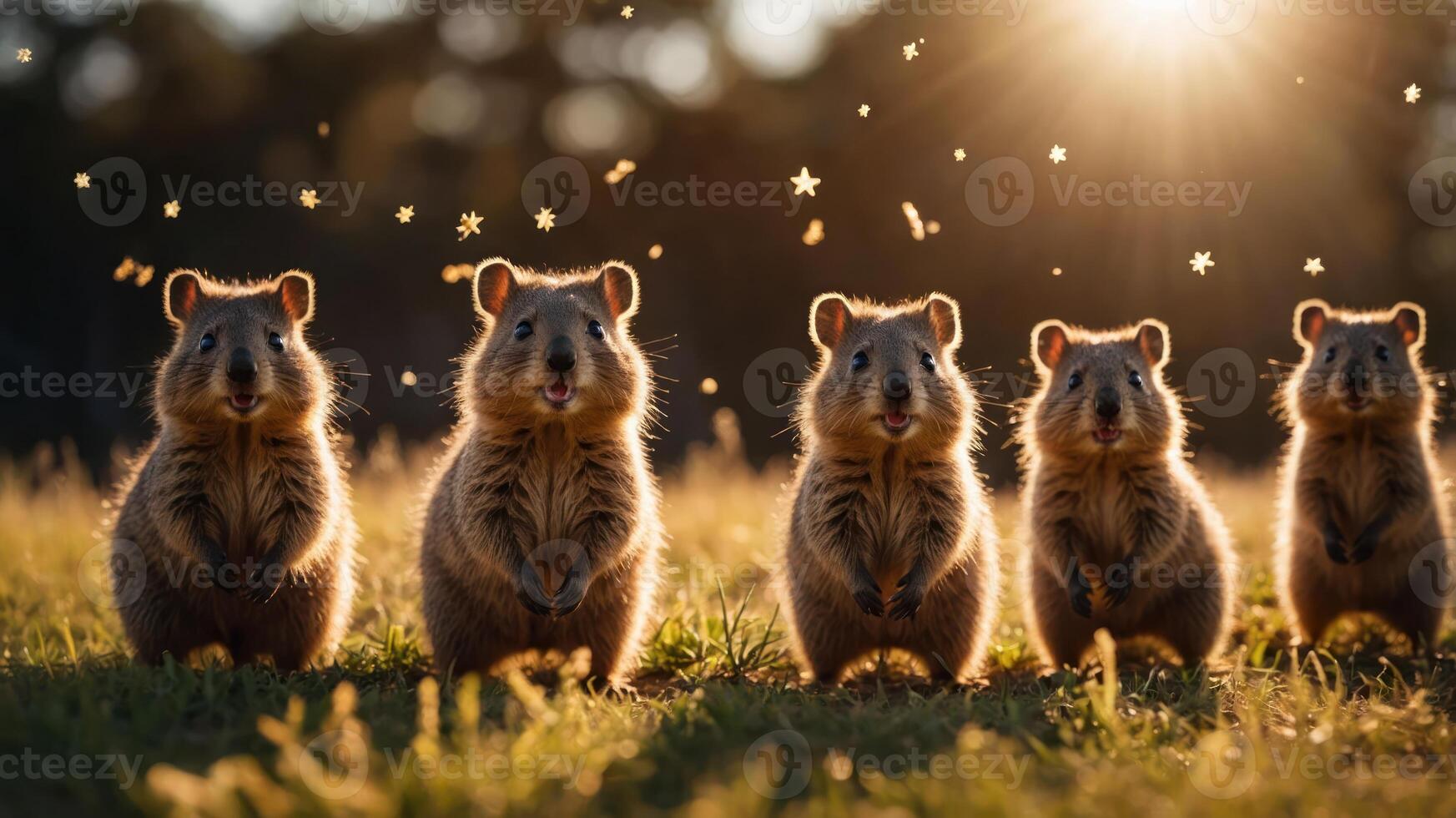 Five adorable animals standing in a sunlit field with a magical atmosphere. photo