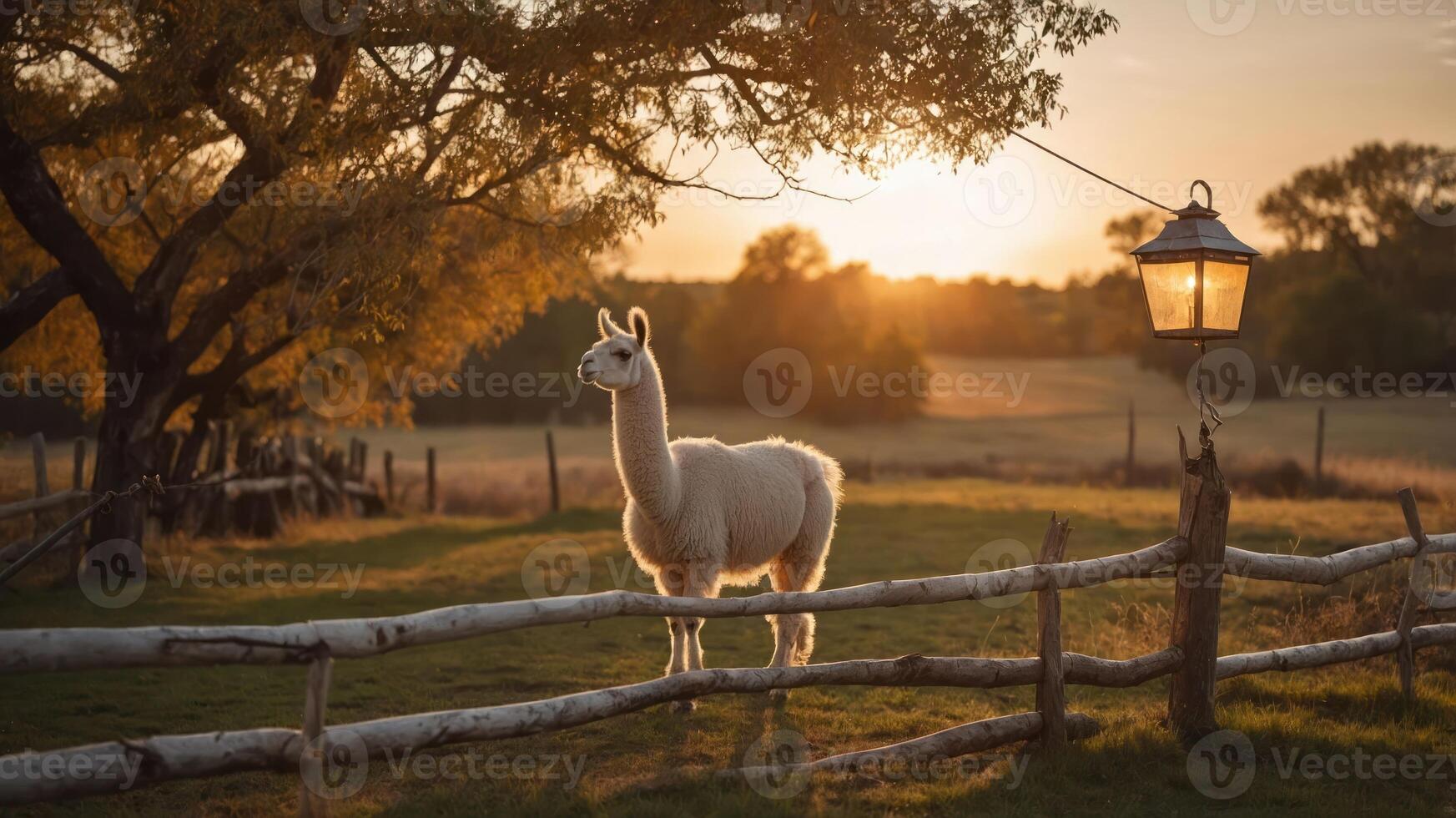 A serene sunset scene featuring a llama near a rustic fence and lantern. photo