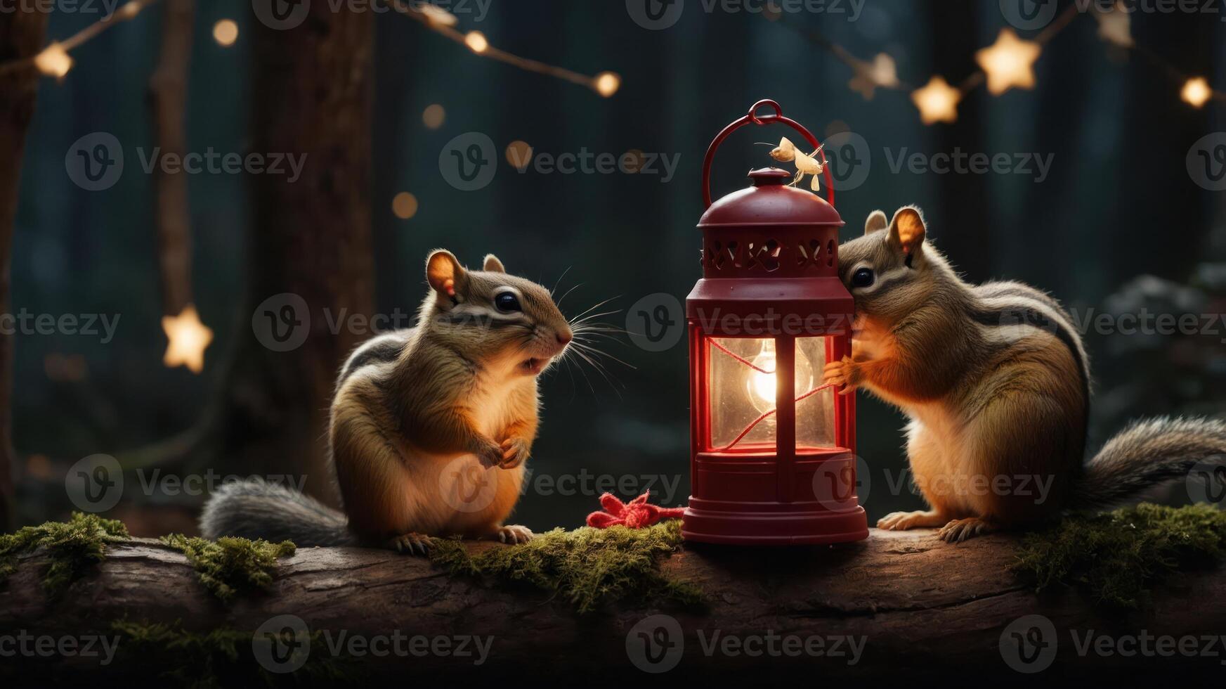 Two chipmunks interact with a glowing lantern in a forest setting adorned with stars. photo