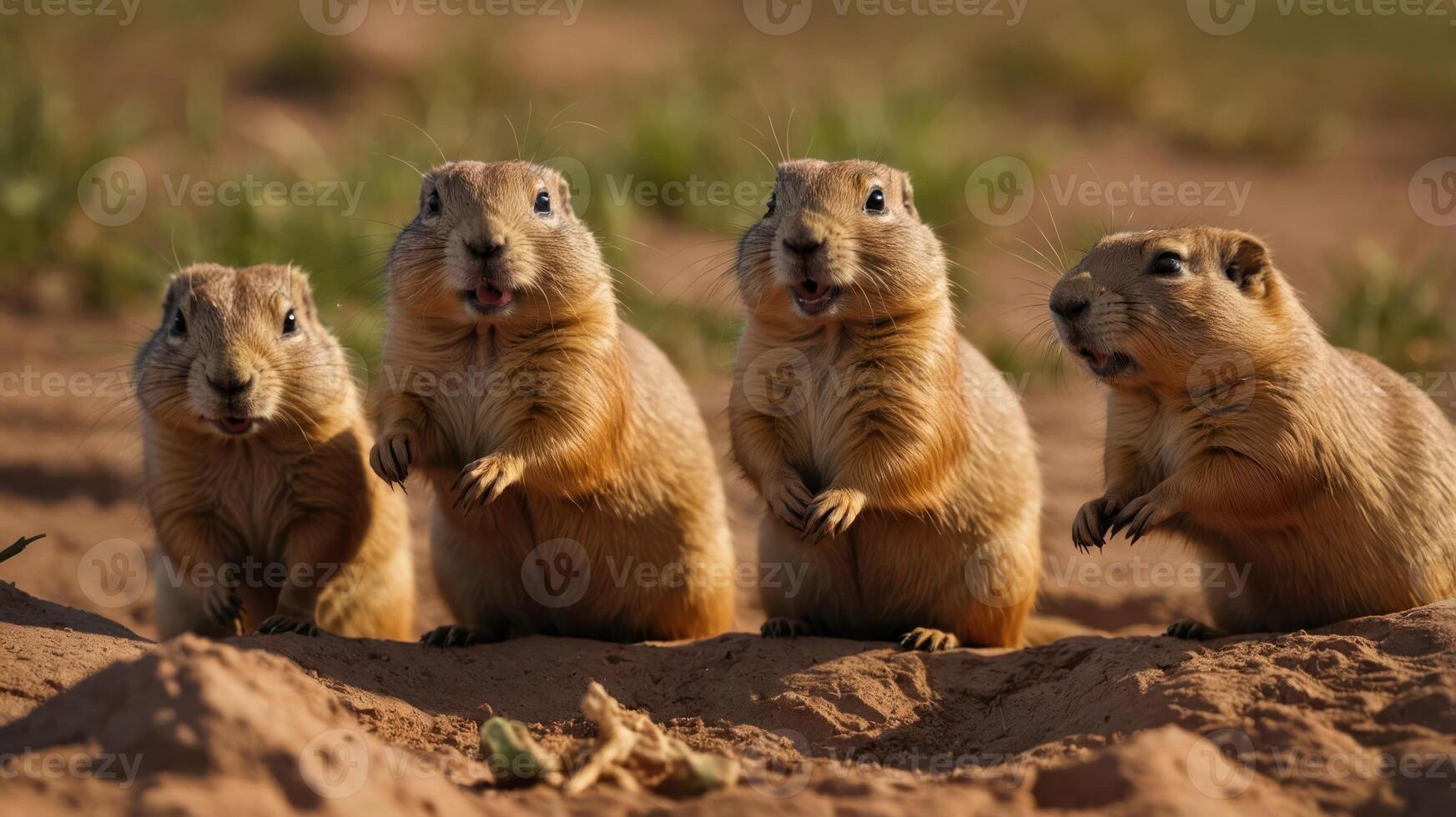 Four prairie dogs standing on a sandy surface, appearing curious and alert. photo