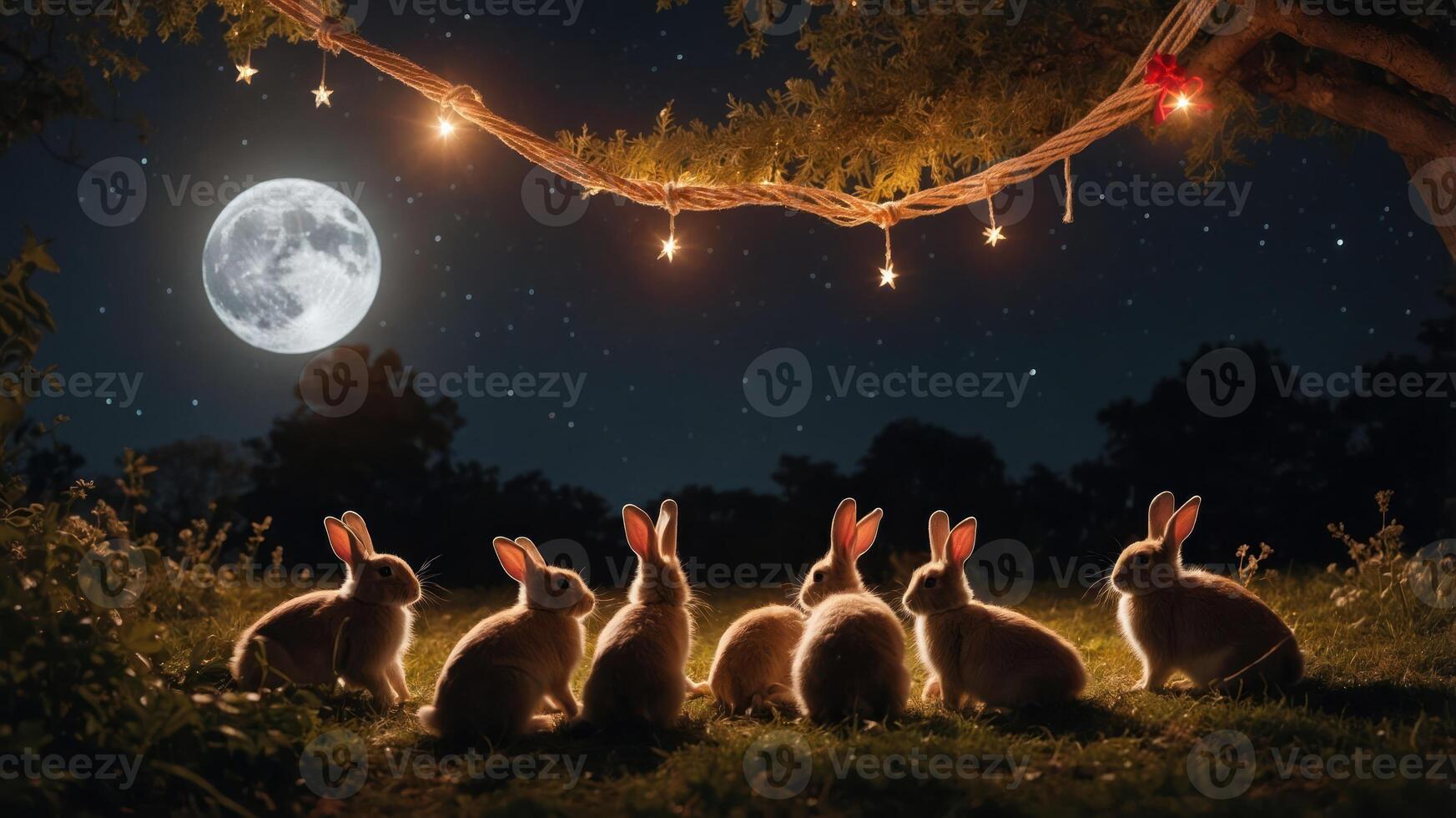 A serene night scene of rabbits gazing at a full moon, illuminated by soft string lights. photo