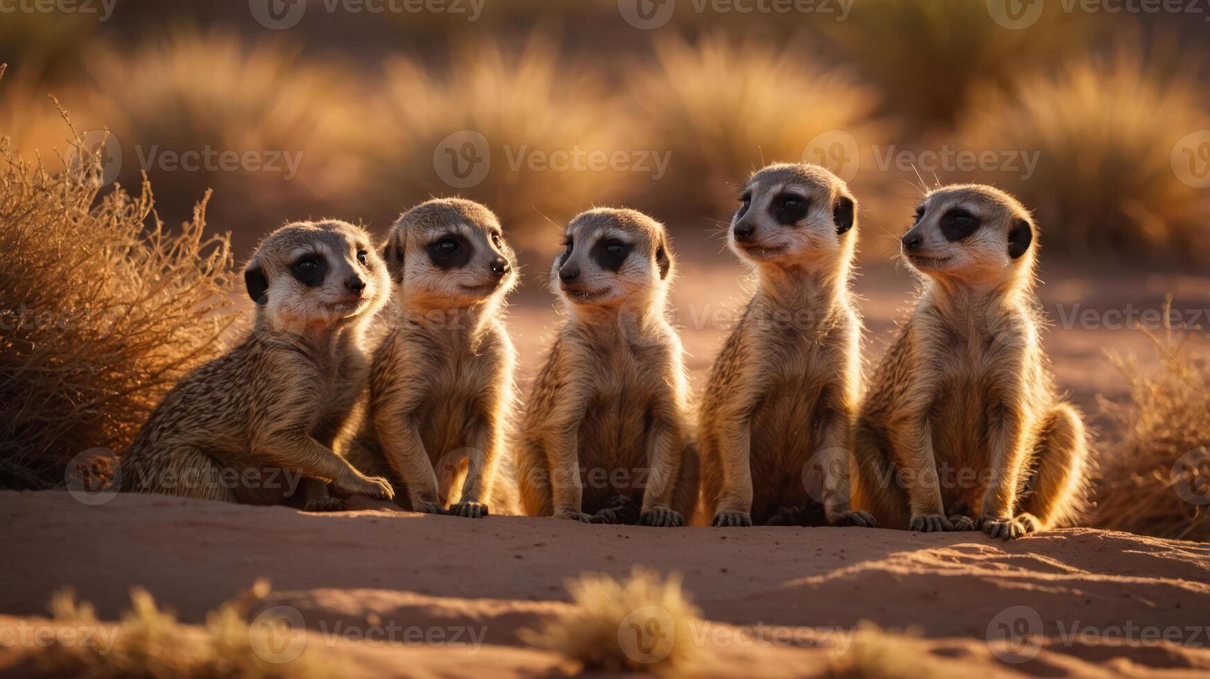 A group of five meerkats sitting together in a desert landscape. photo