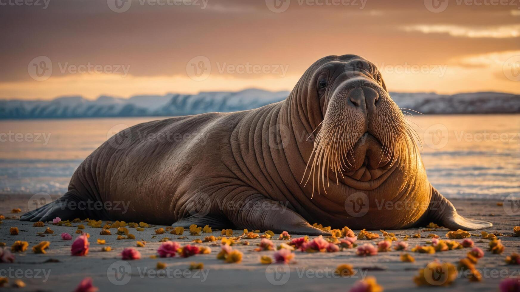 A walrus resting on a beach surrounded by colorful flowers at sunset. photo